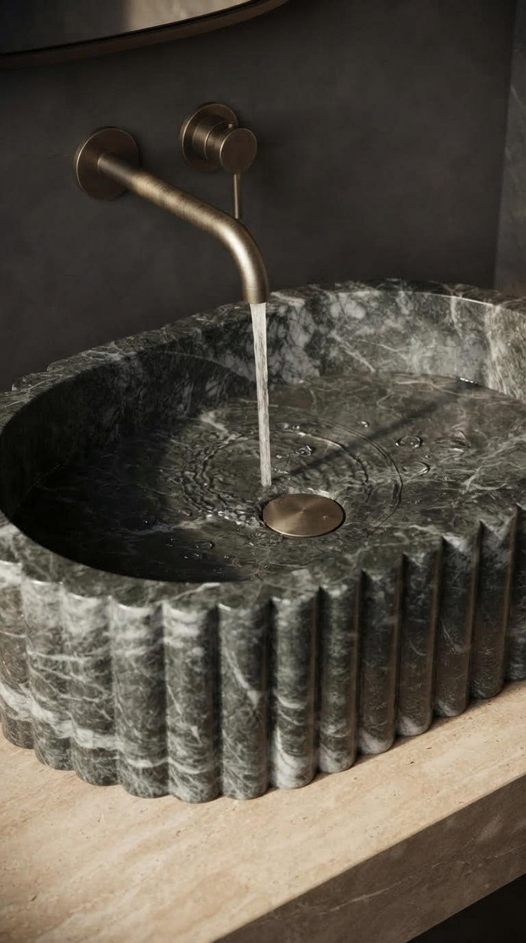 Water flowing from a brass faucet into a veined marble basin, with ripples around a brass drain cover and fluting along the exterior.