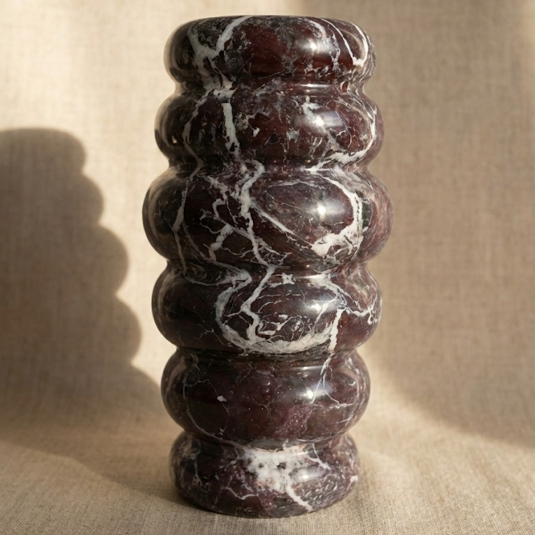 Rosso Levanto marble vase 45 degree view handcrafted burgundy stone decor
