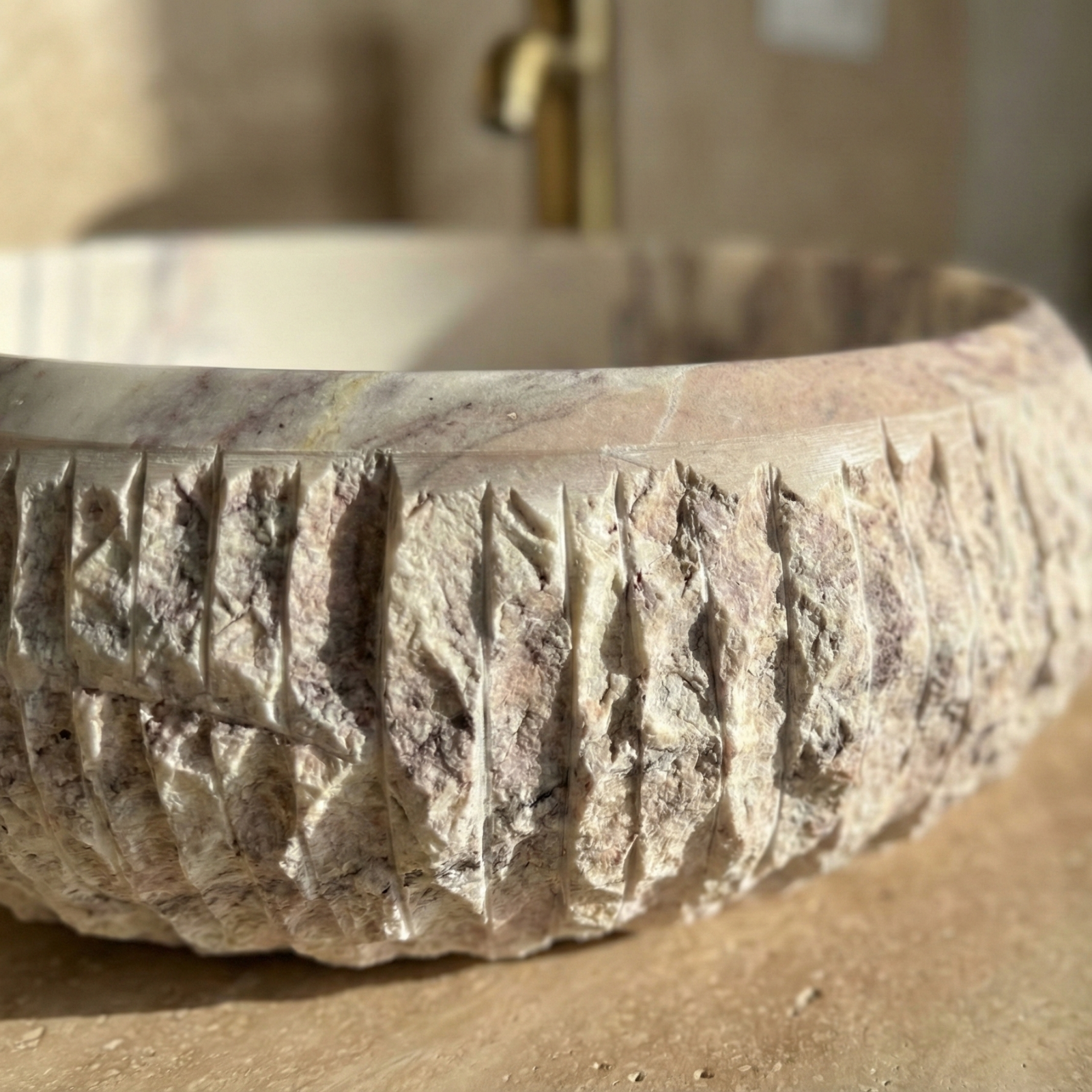 hand carved texture lilac marble vessel sink detail