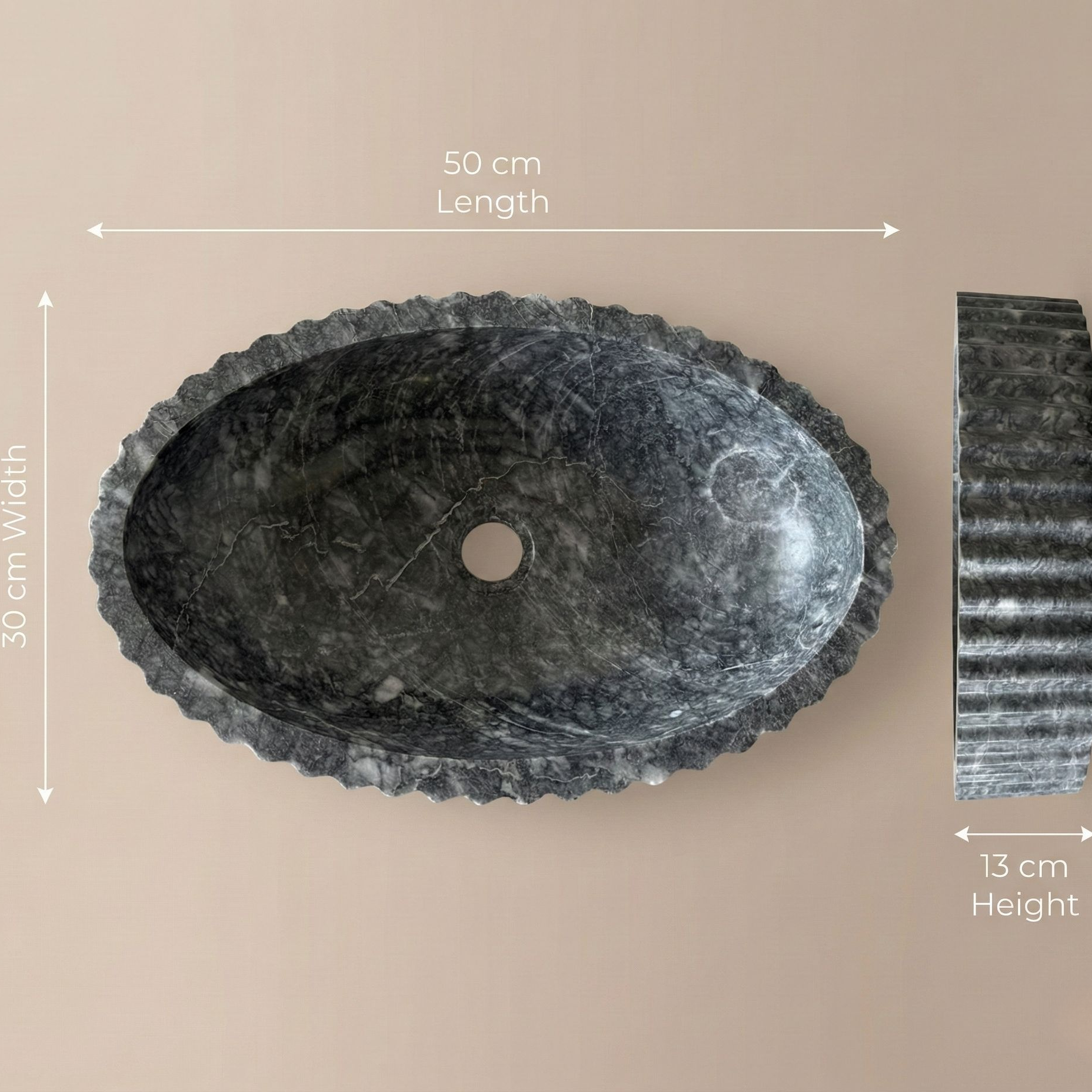 Dimensions diagram oval marble vessel sink 30x50x13 cm Petra Vera