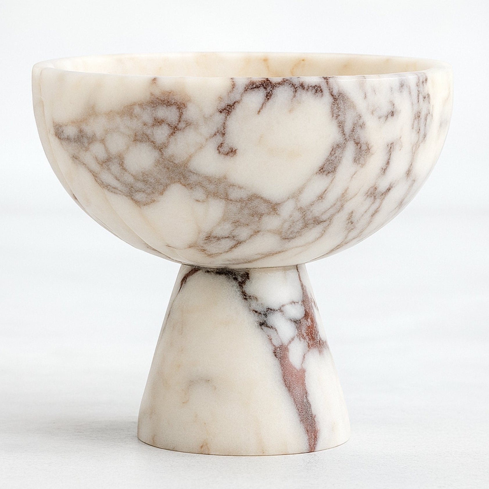 Calacatta Viola Marble Pedestal Bowl – handcrafted luxury marble serving bowl with natural veining and polished smooth finish, photographed on white background.