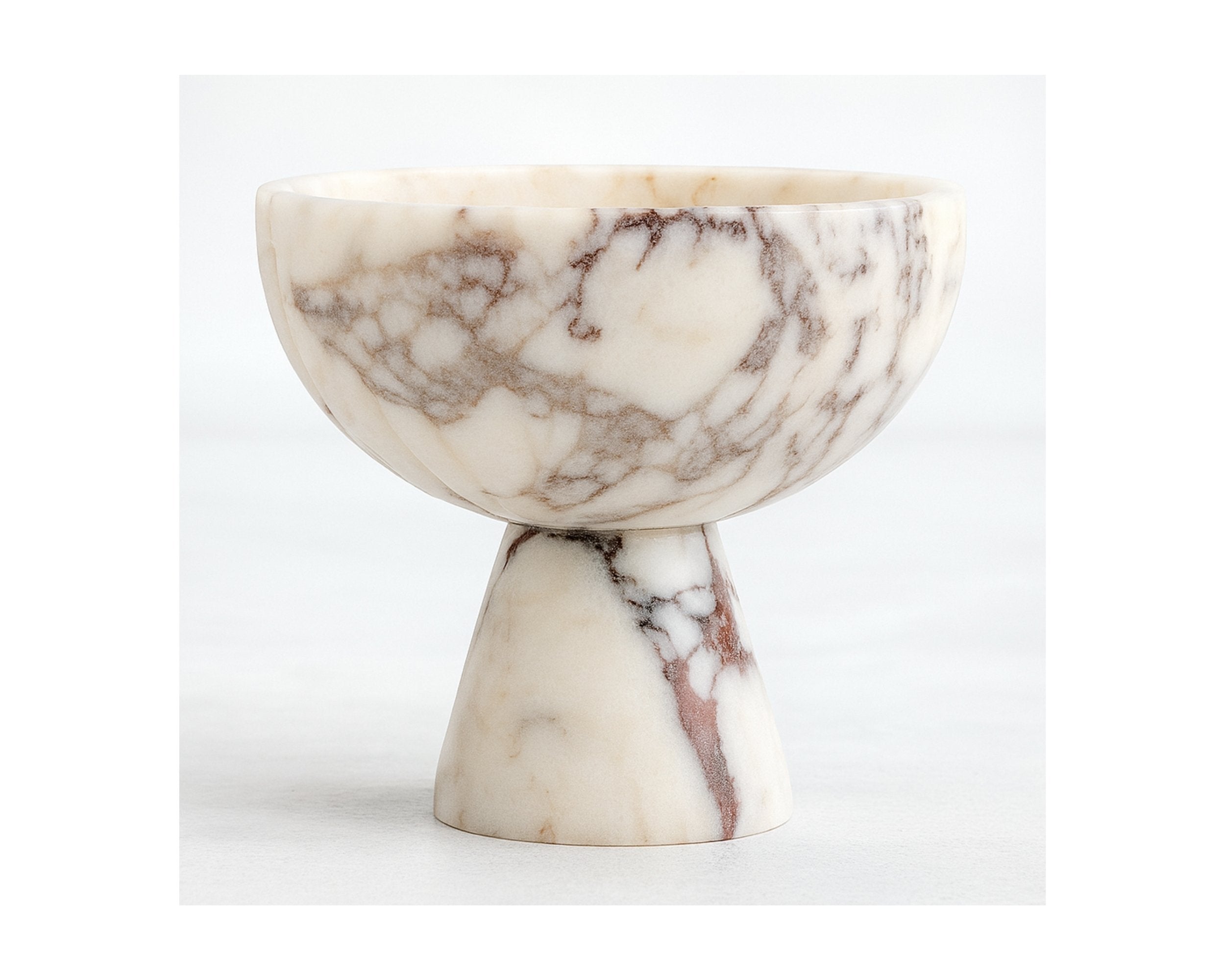 Calacatta Viola Marble Pedestal Bowl – handcrafted luxury marble serving bowl with natural veining and polished smooth finish, photographed on white background.