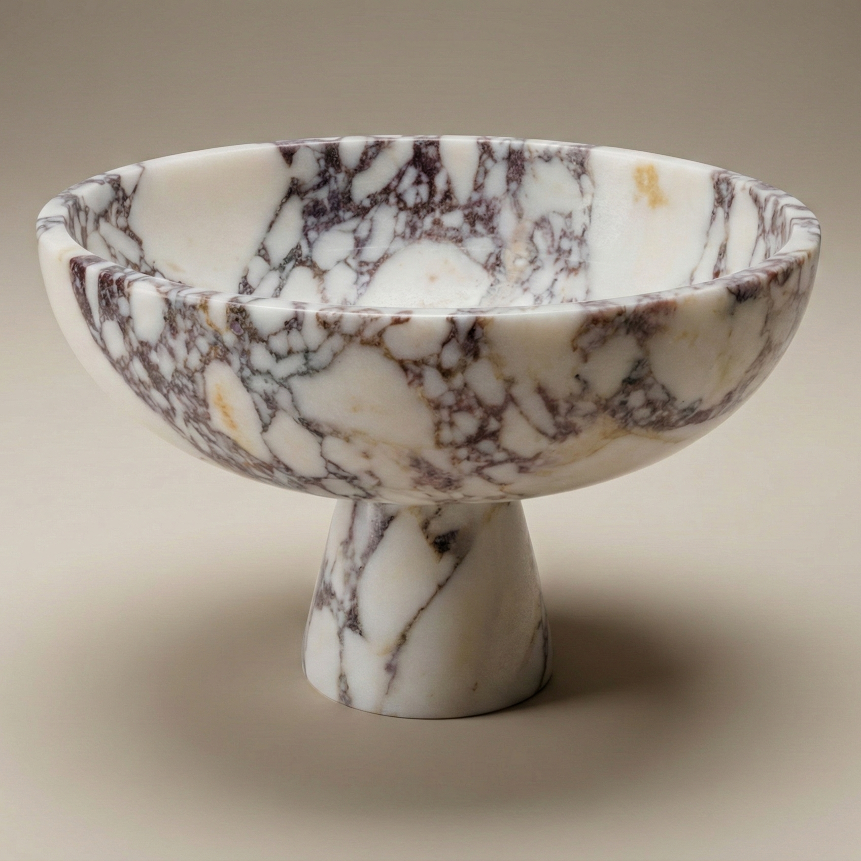 Luxury Calacatta Viola marble footed bowl, handmade sculptural centerpiece for coffee table and dining decor