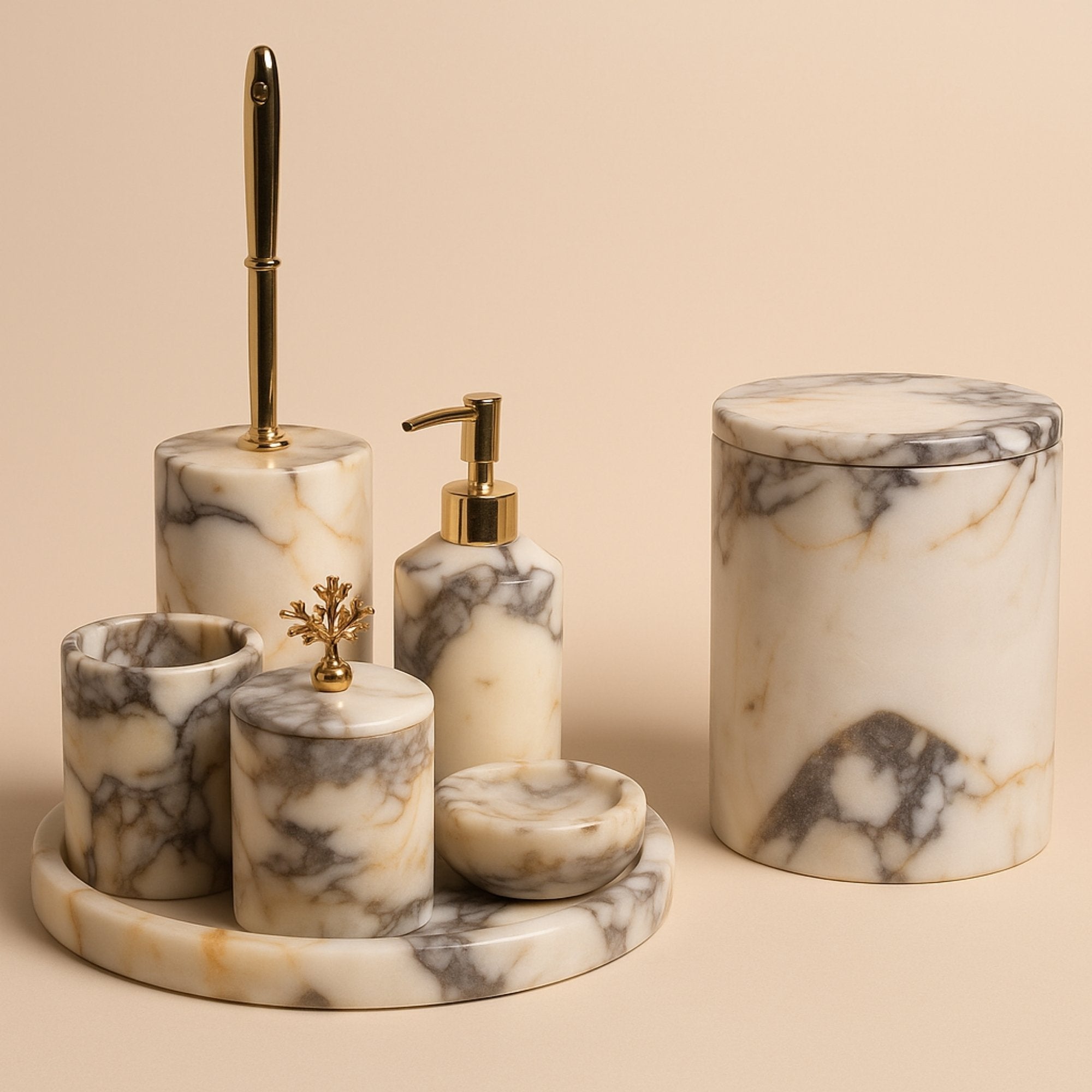“Petra Vera Calacatta Viola marble bathroom set, 7-piece luxury vanity accessories with gold accents”