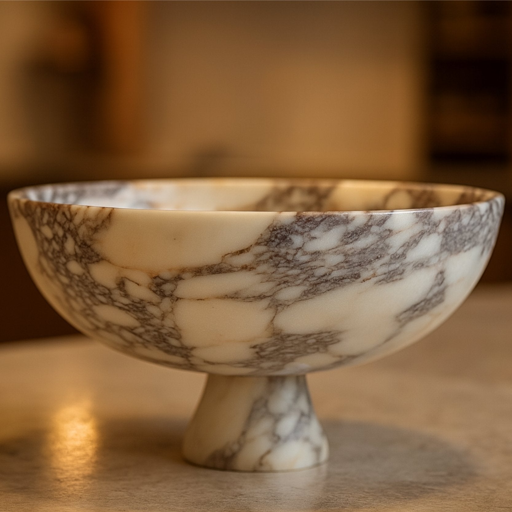 Calacatta Viola marble pedestal bowl styled on a table in a modern interior setting