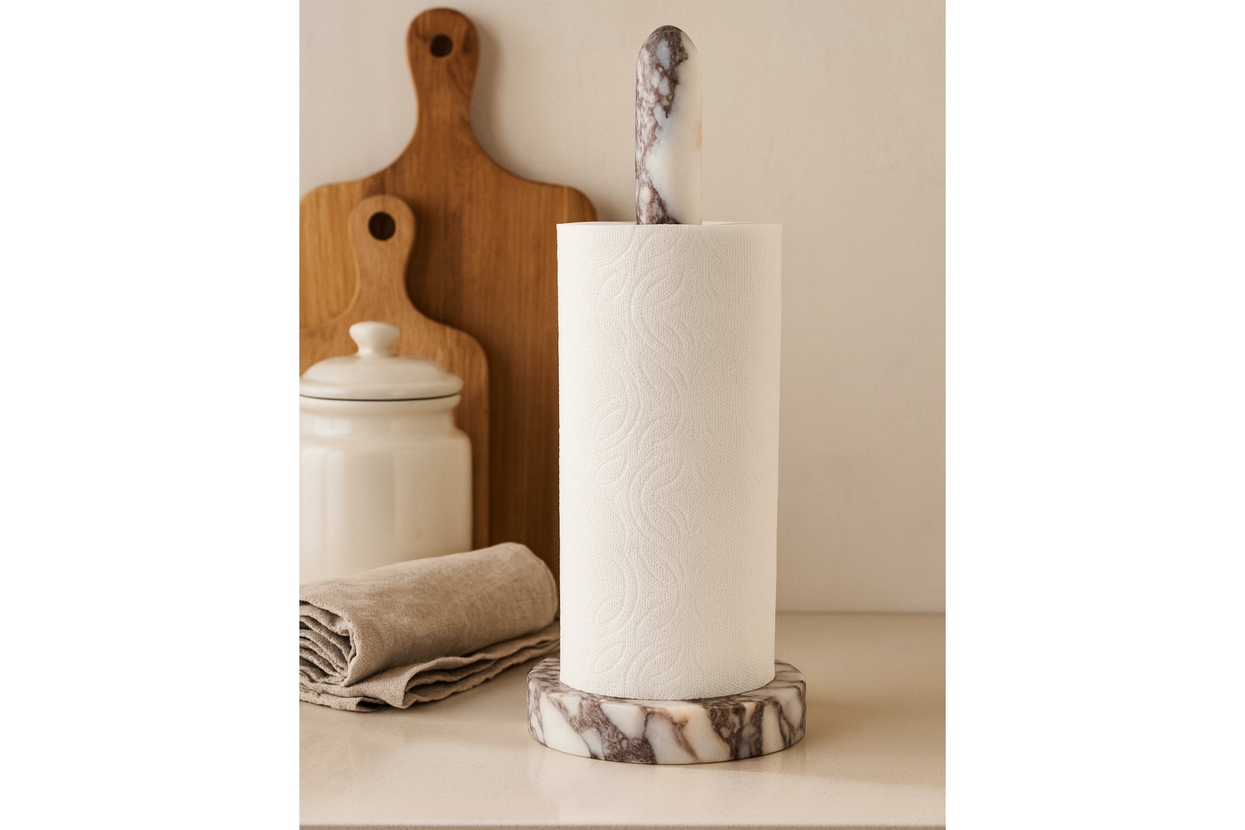 Luxury marble paper towel holder styled on kitchen countertop
