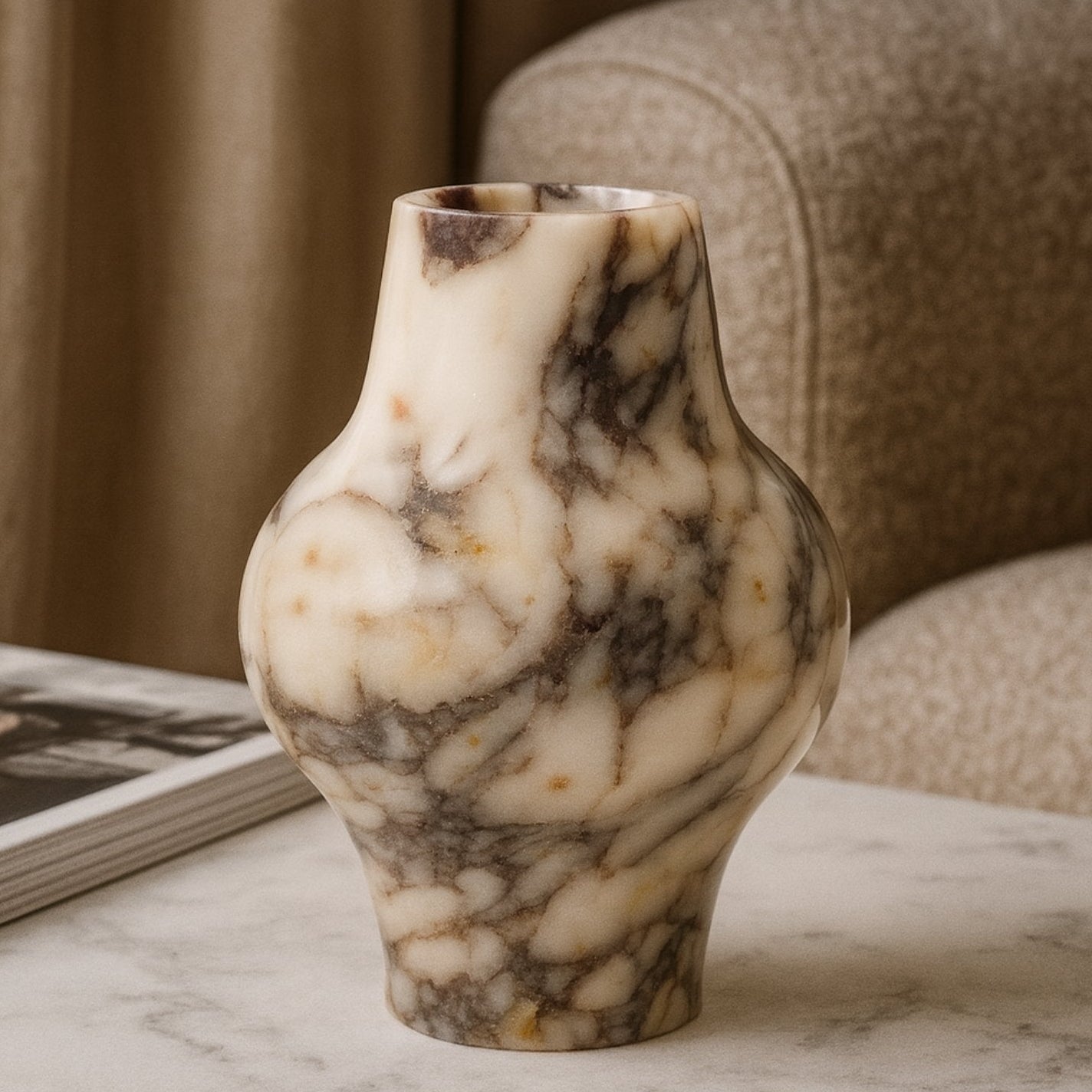 Calacatta Viola marble vase styled on a marble coffee table in an elegant living room setting.