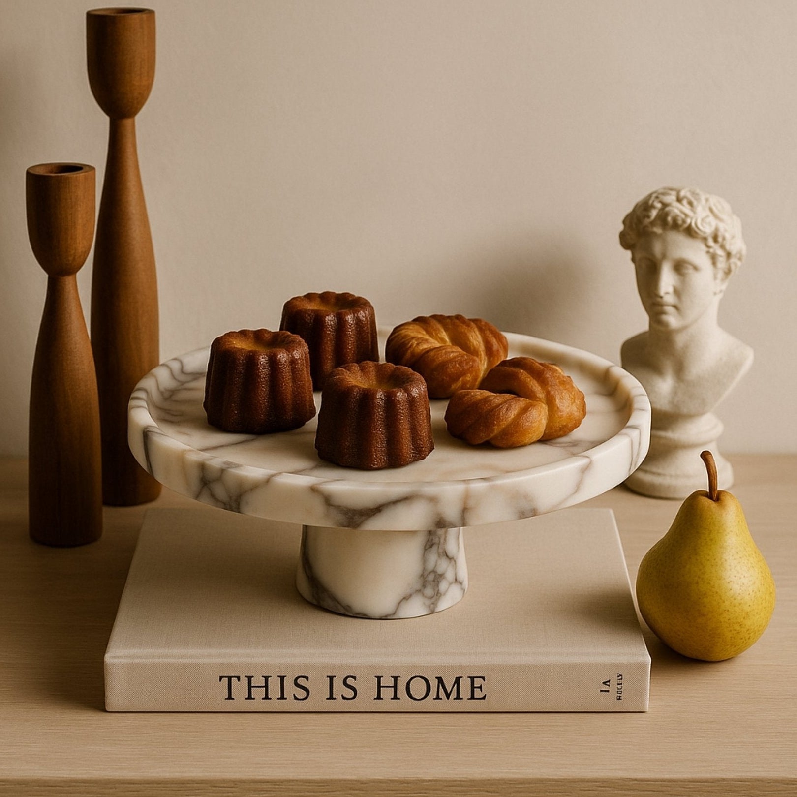 Marble pedestal cake stand styled on wood table with warm linen aesthetic, luxury dessert presentation