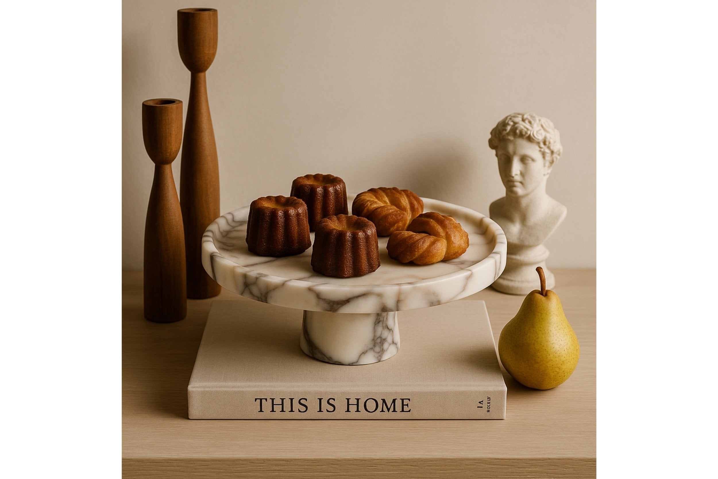 Marble pedestal cake stand styled on wood table with warm linen aesthetic, luxury dessert presentation