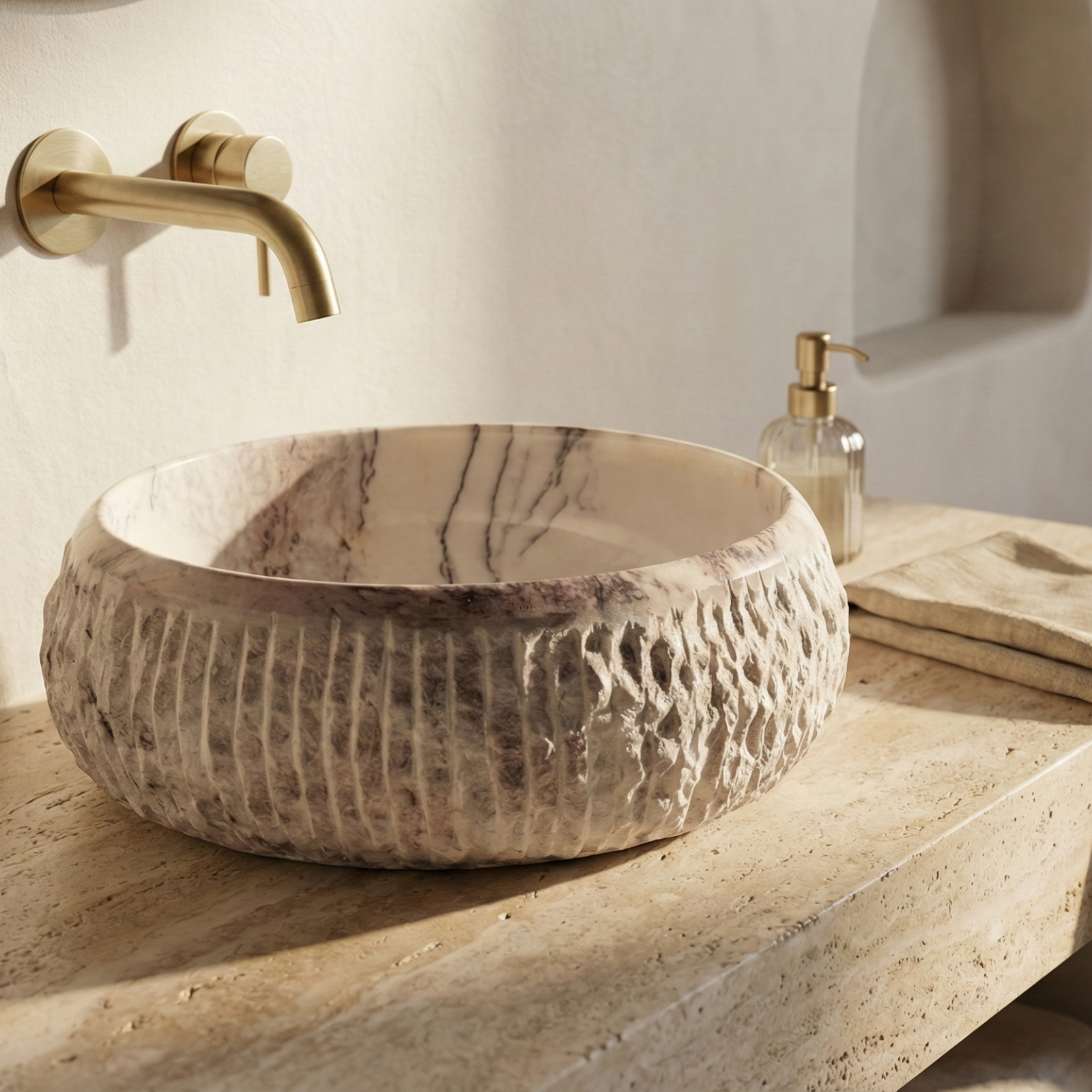 luxury bathroom interior with lilac marble vessel sink