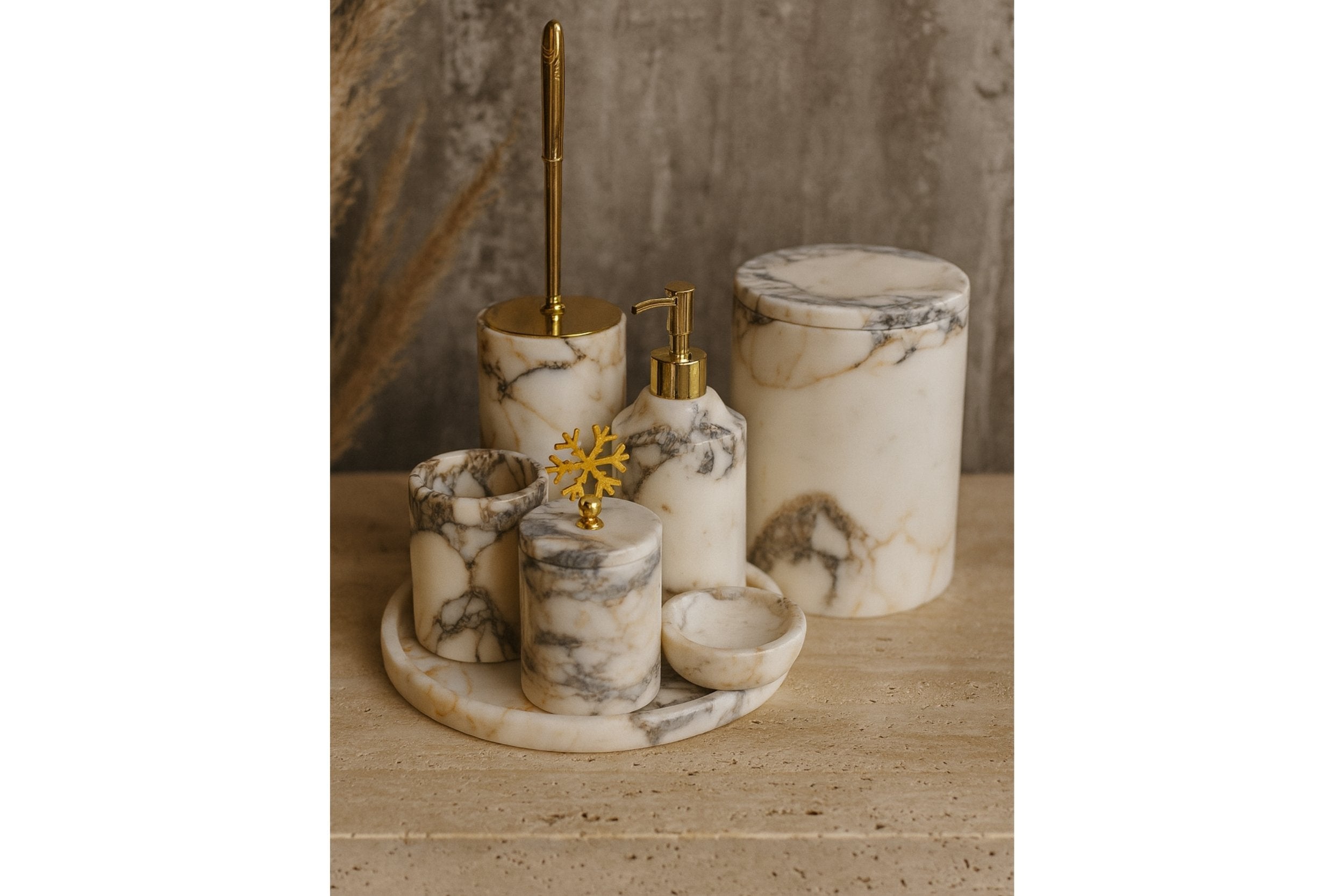 “Luxury Calacatta Viola marble bathroom set styled on beige background with warm light”