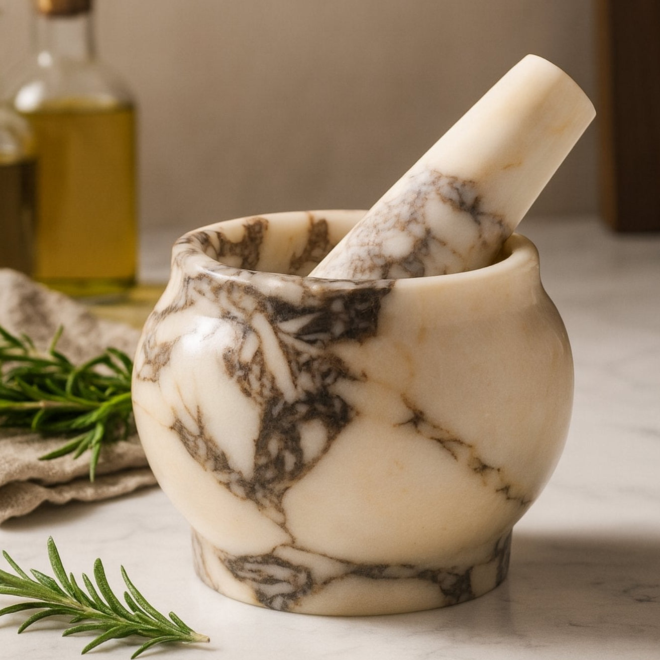 Marble mortar and pestle styled on kitchen counter with rosemary and olive oil, timeless Italian elegance by Petra Vera.