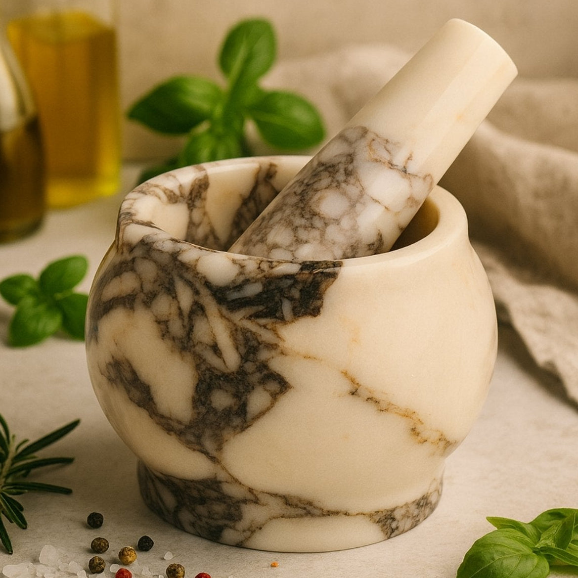 Calacatta Viola marble mortar and pestle with basil, salt and pepper, luxury handcrafted kitchen tool by Petra Vera.