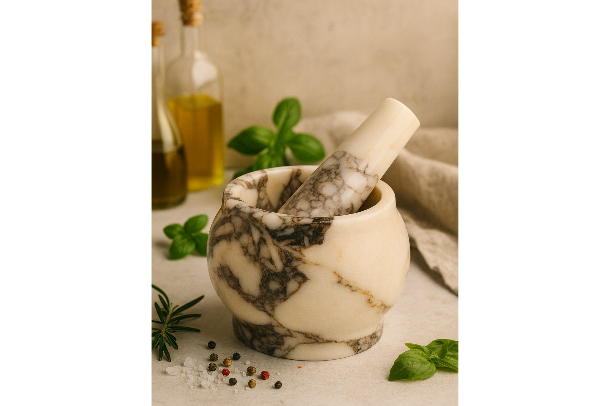 Calacatta Viola marble mortar and pestle with basil, salt and pepper, luxury handcrafted kitchen tool by Petra Vera.