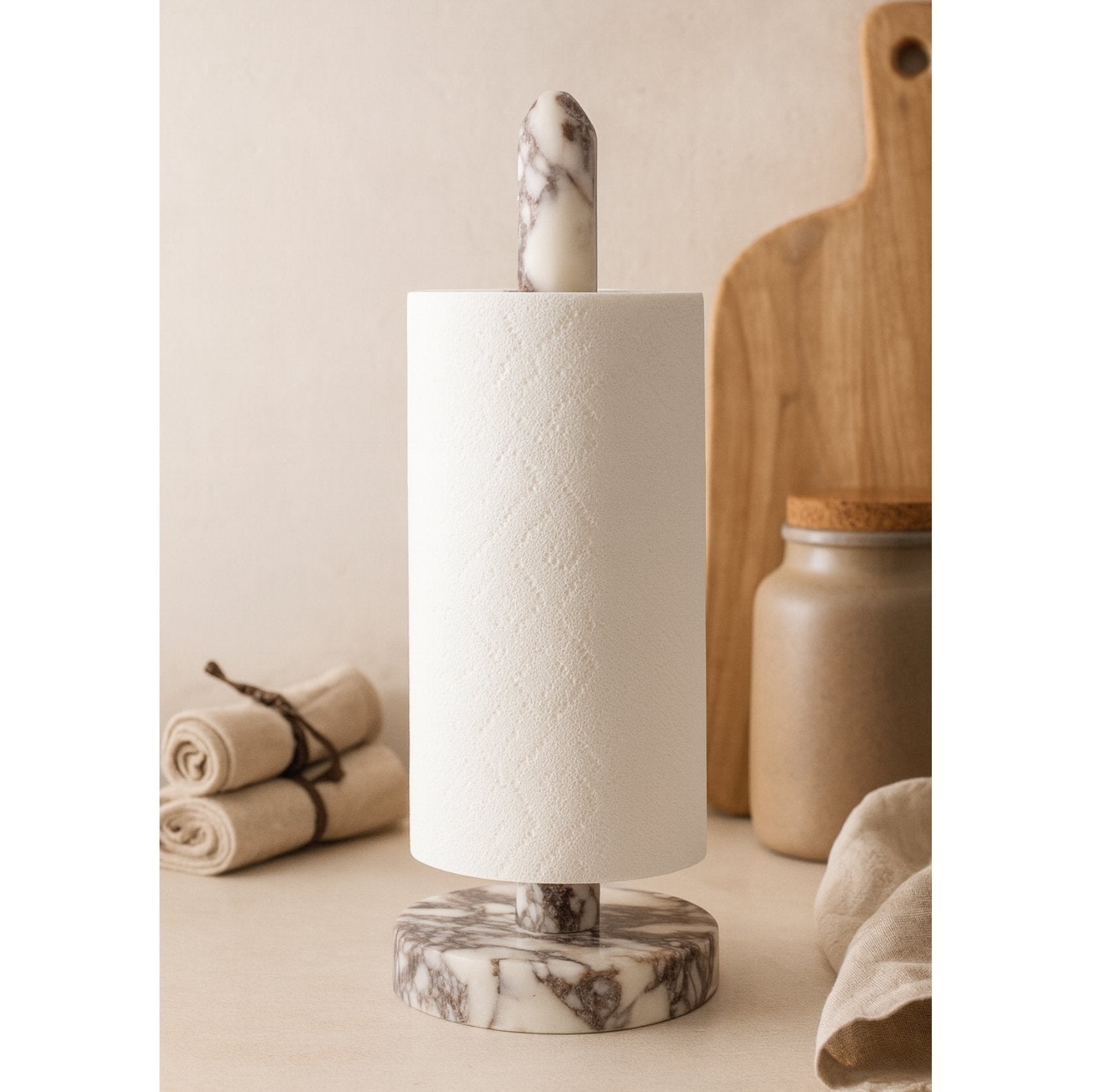 Calacatta Viola marble paper towel holder with paper roll – elegant kitchen setting