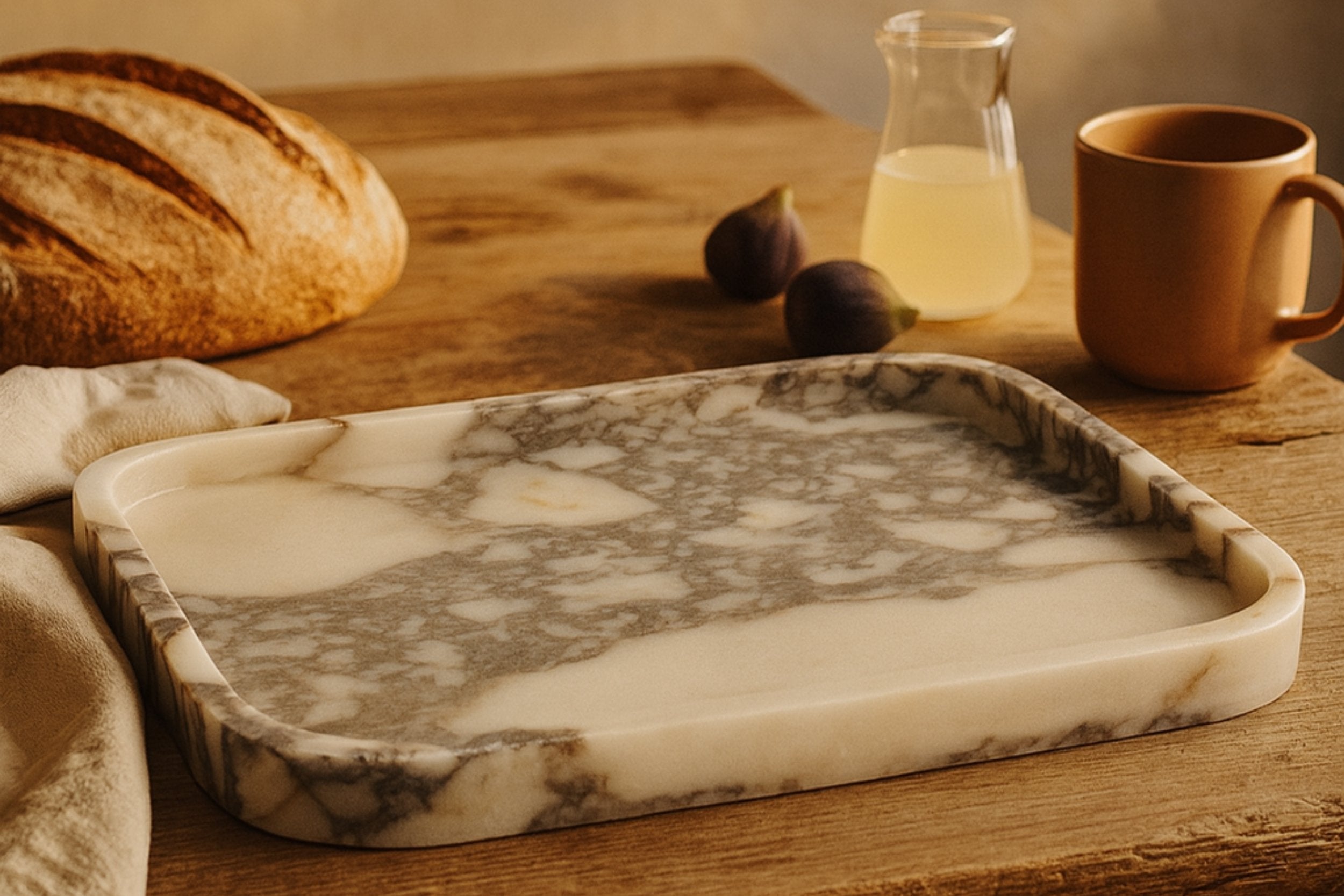 Calacatta Viola marble tray on a wooden table with bread, figs, and warm morning light.