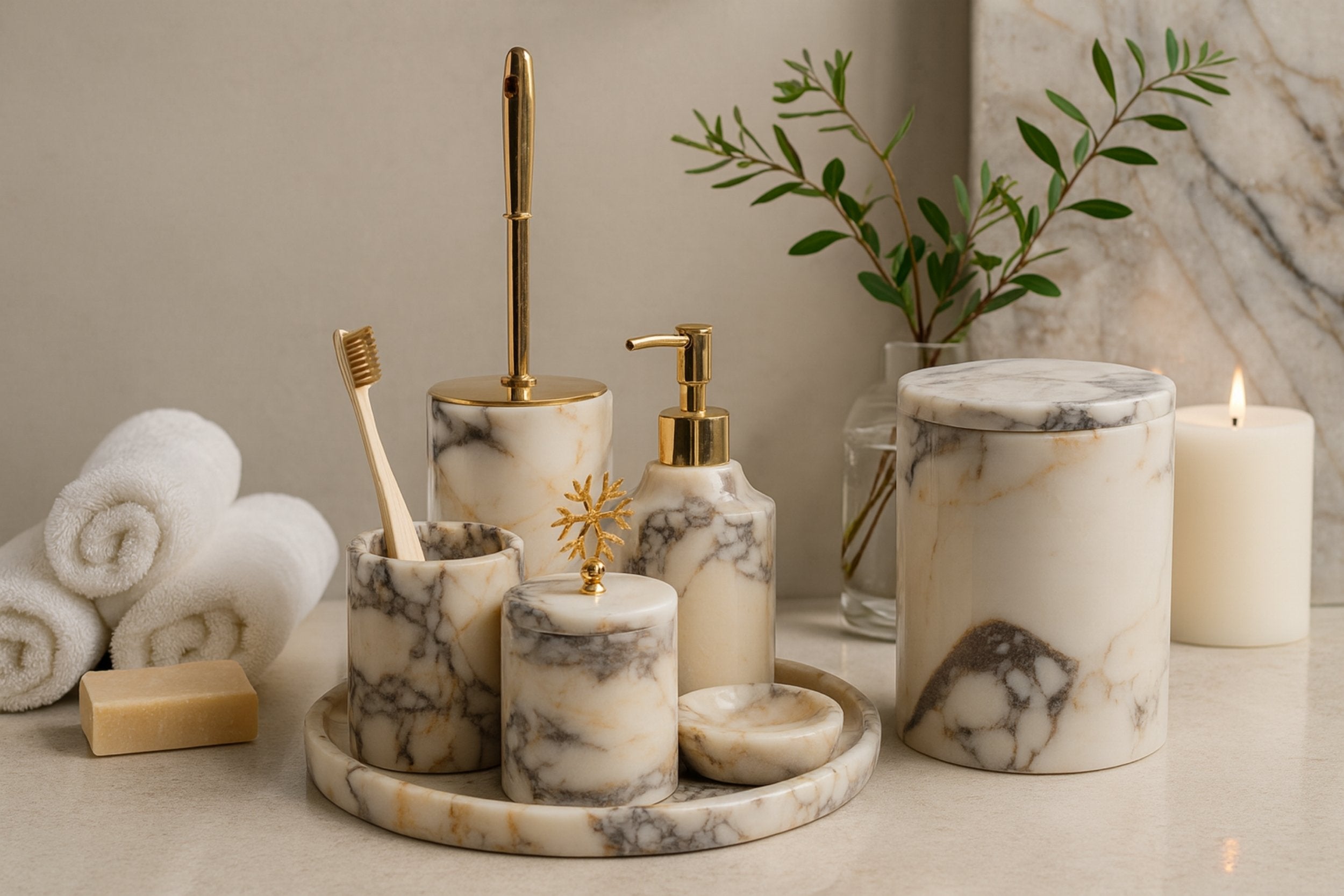 “Elegant marble bathroom accessories with gold details in cozy neutral-toned bathroom setting”