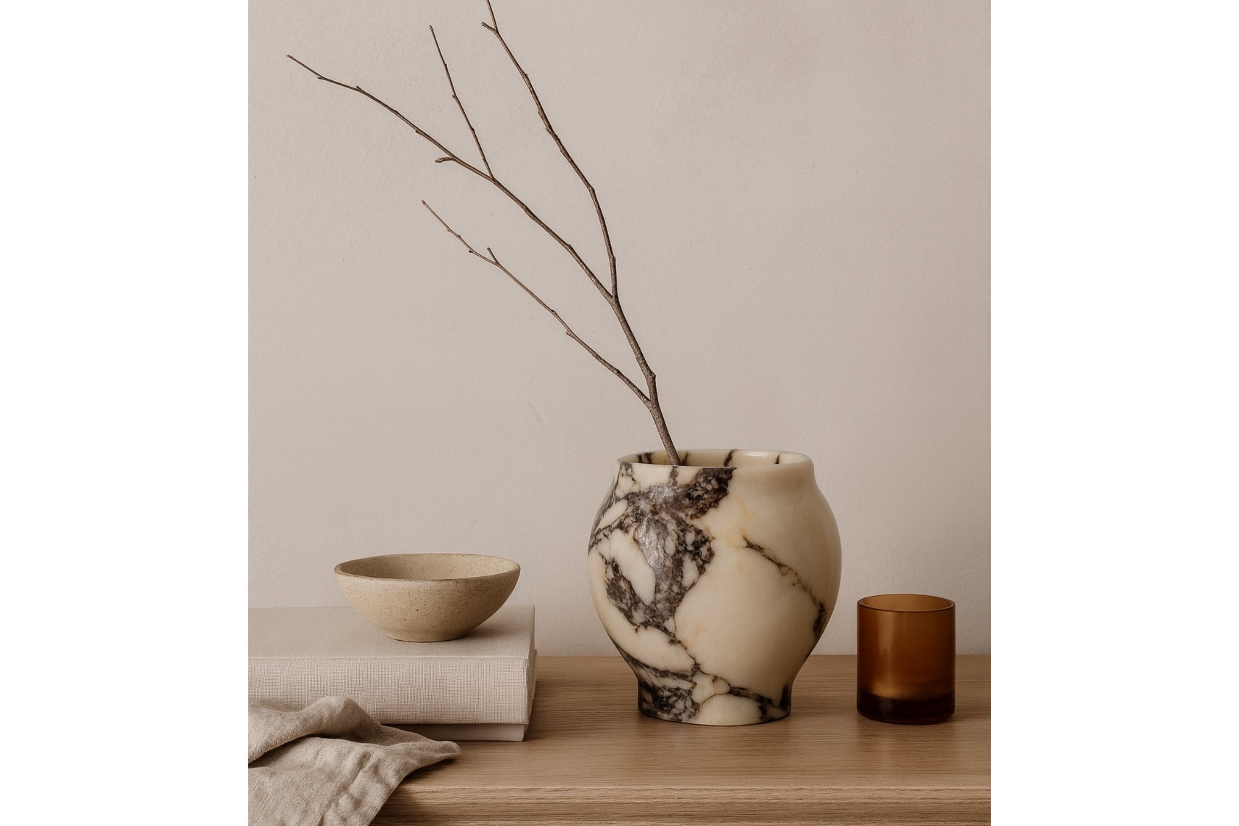 Sculptural marble mortar and pestle on concrete plinth, soft natural light, minimal wabi-sabi aesthetic by Petra Vera.