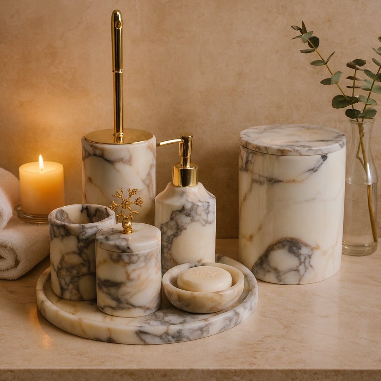 “Handcrafted Calacatta Viola marble bathroom set with candle and towels, luxury spa aesthetic”