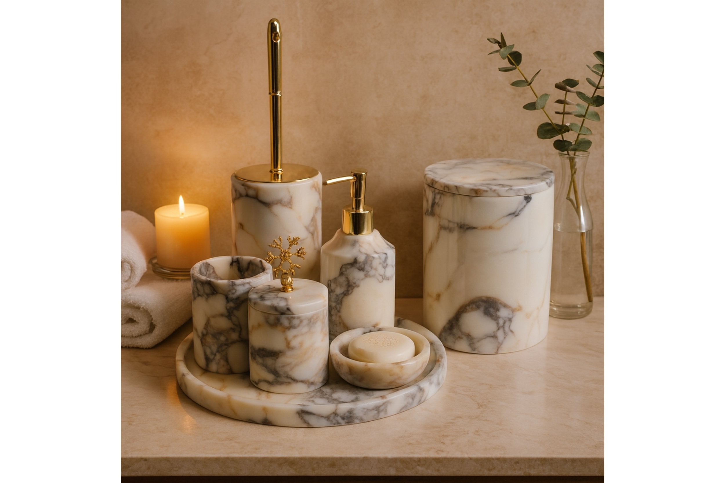 “Handcrafted Calacatta Viola marble bathroom set with candle and towels, luxury spa aesthetic”