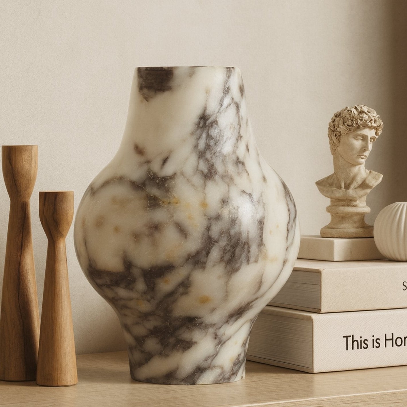 Calacatta Viola vase placed on a wooden shelf beside artistic sculptures in a minimalist interior.