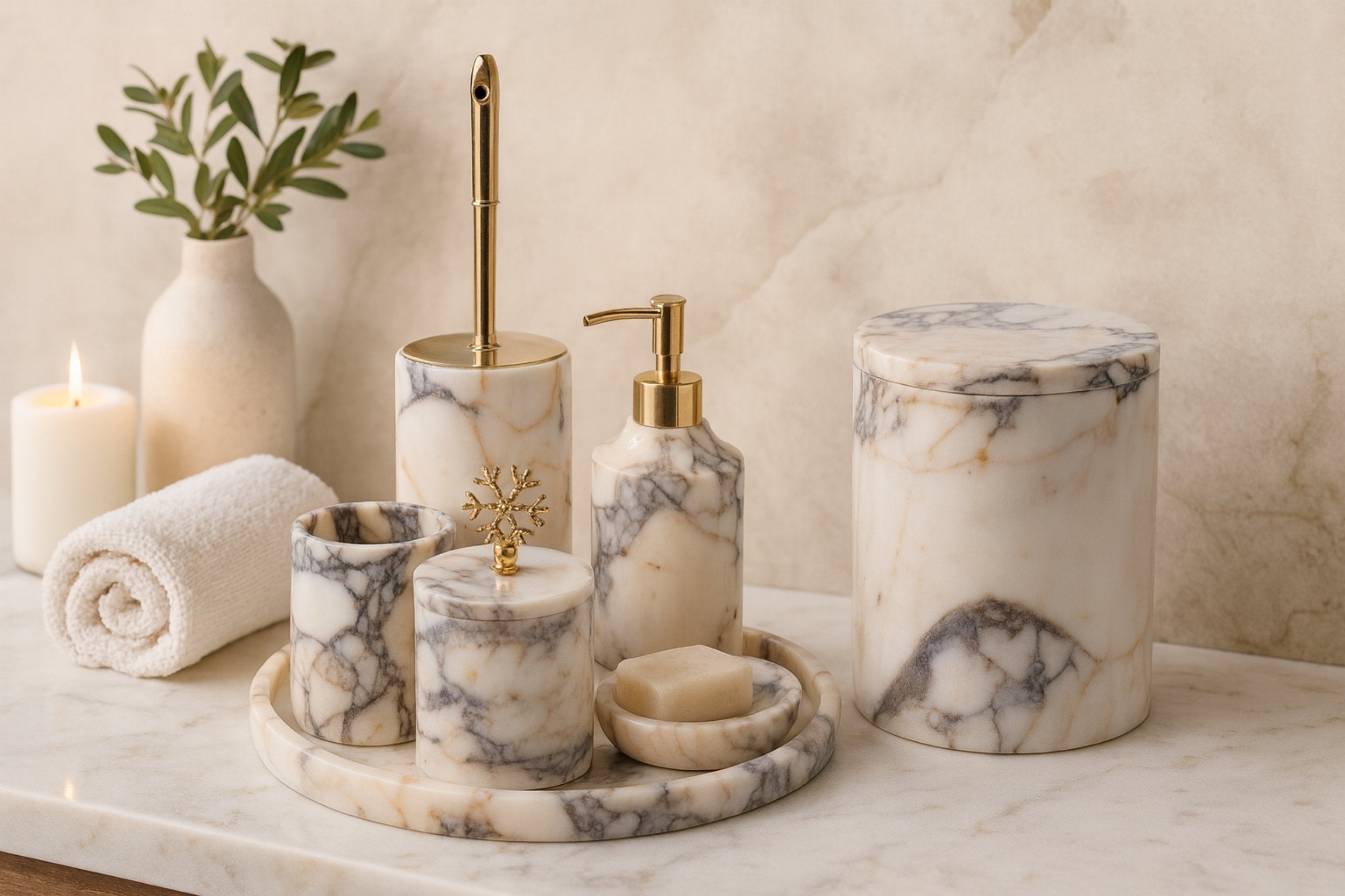 “Petra Vera marble bathroom set with gold accents displayed in warm ambient lighting”