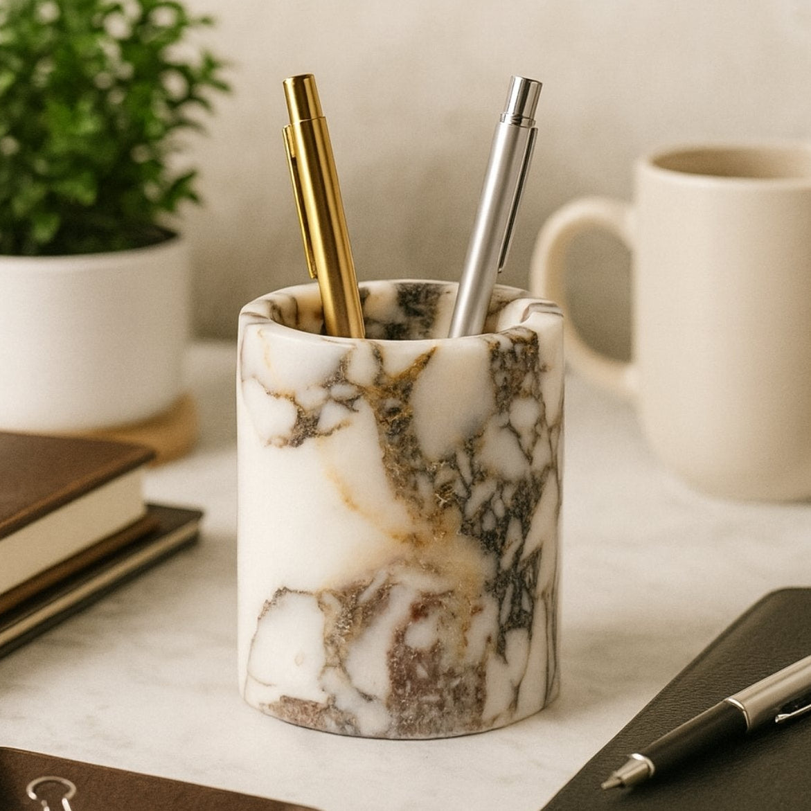 Calacatta Viola marble pen holder holding pens on wooden surface – sophisticated workspace styling, artisan craftsmanship.