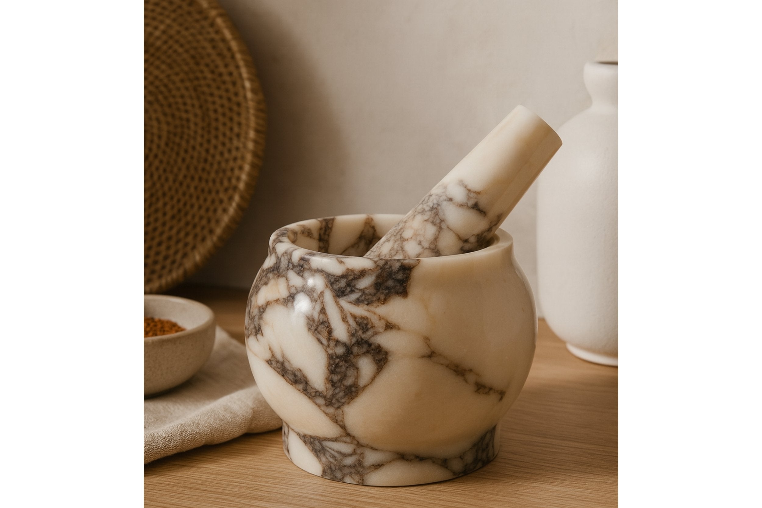 Warm-toned kitchen scene featuring marble mortar and pestle on wooden counter, artisan stonework and natural texture.