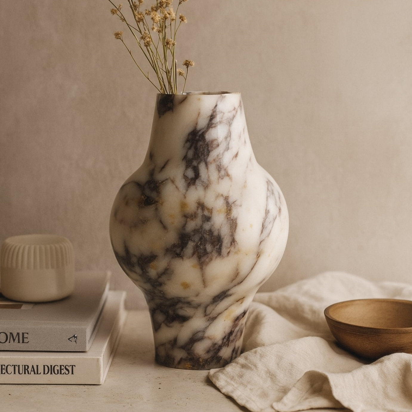 Calacatta Viola marble vase with dried flowers on a travertine surface in warm natural lighting.