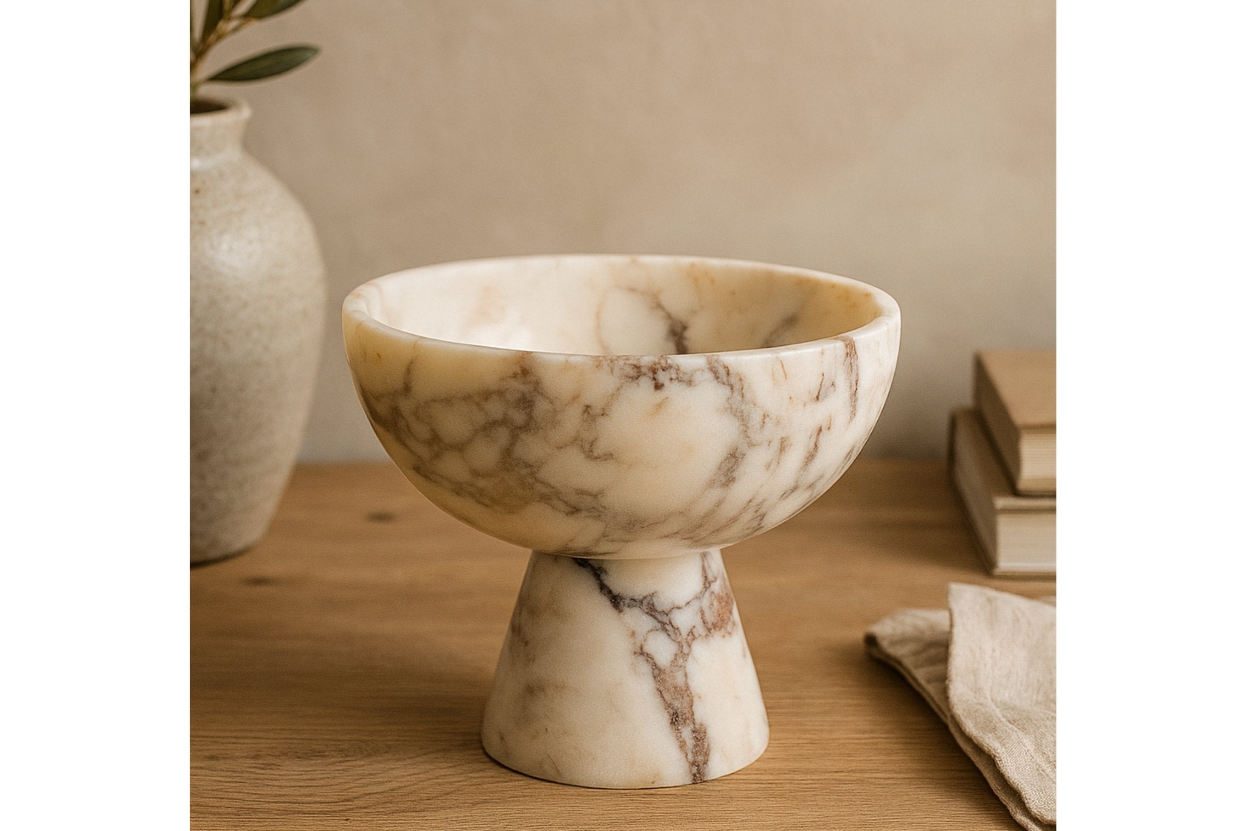 Handmade Calacatta Viola marble bowl on wooden table with olive branch vase and neutral home decor setup.