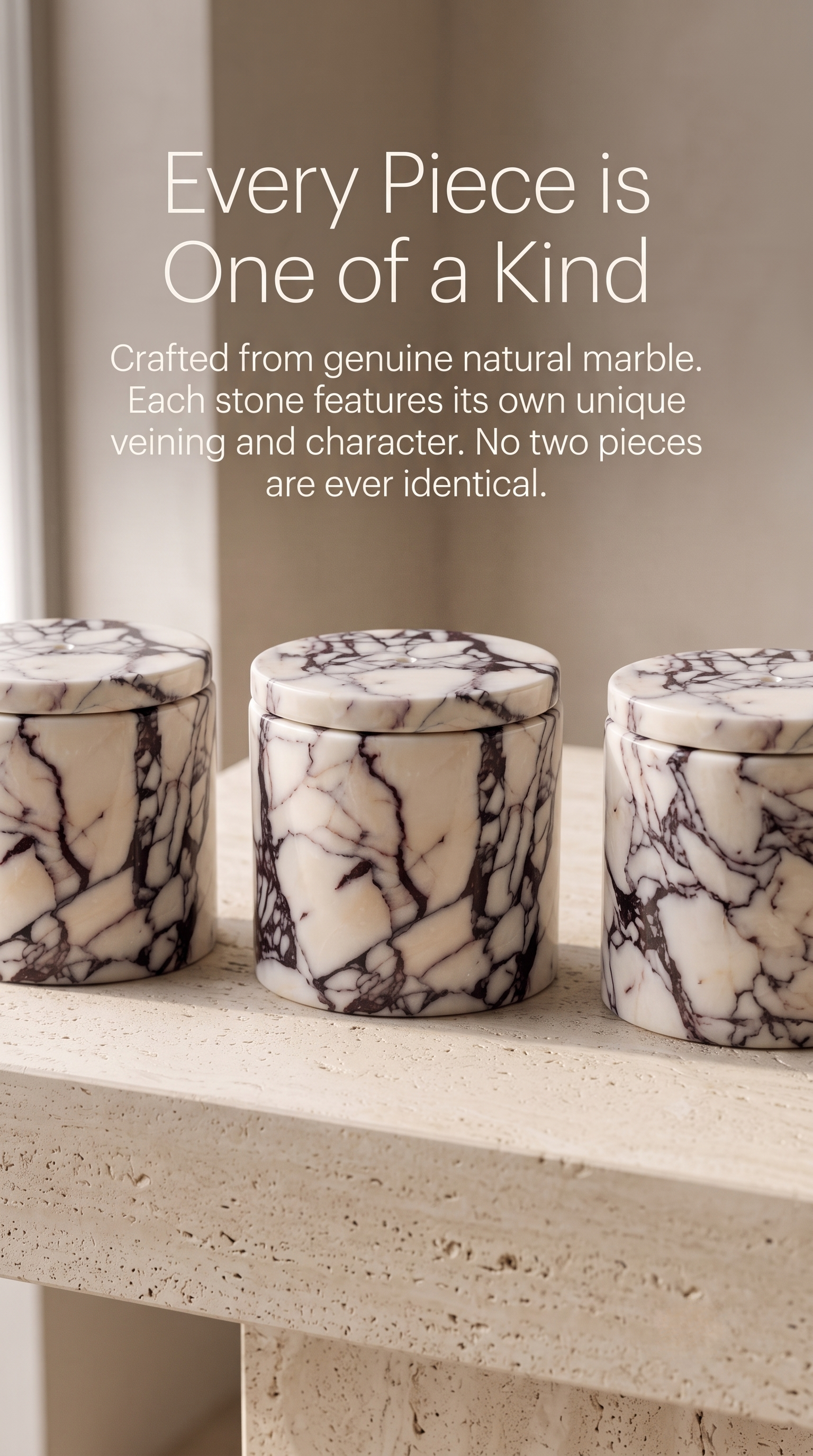 Every Calacatta Viola marble candle holder features unique natural veining.
