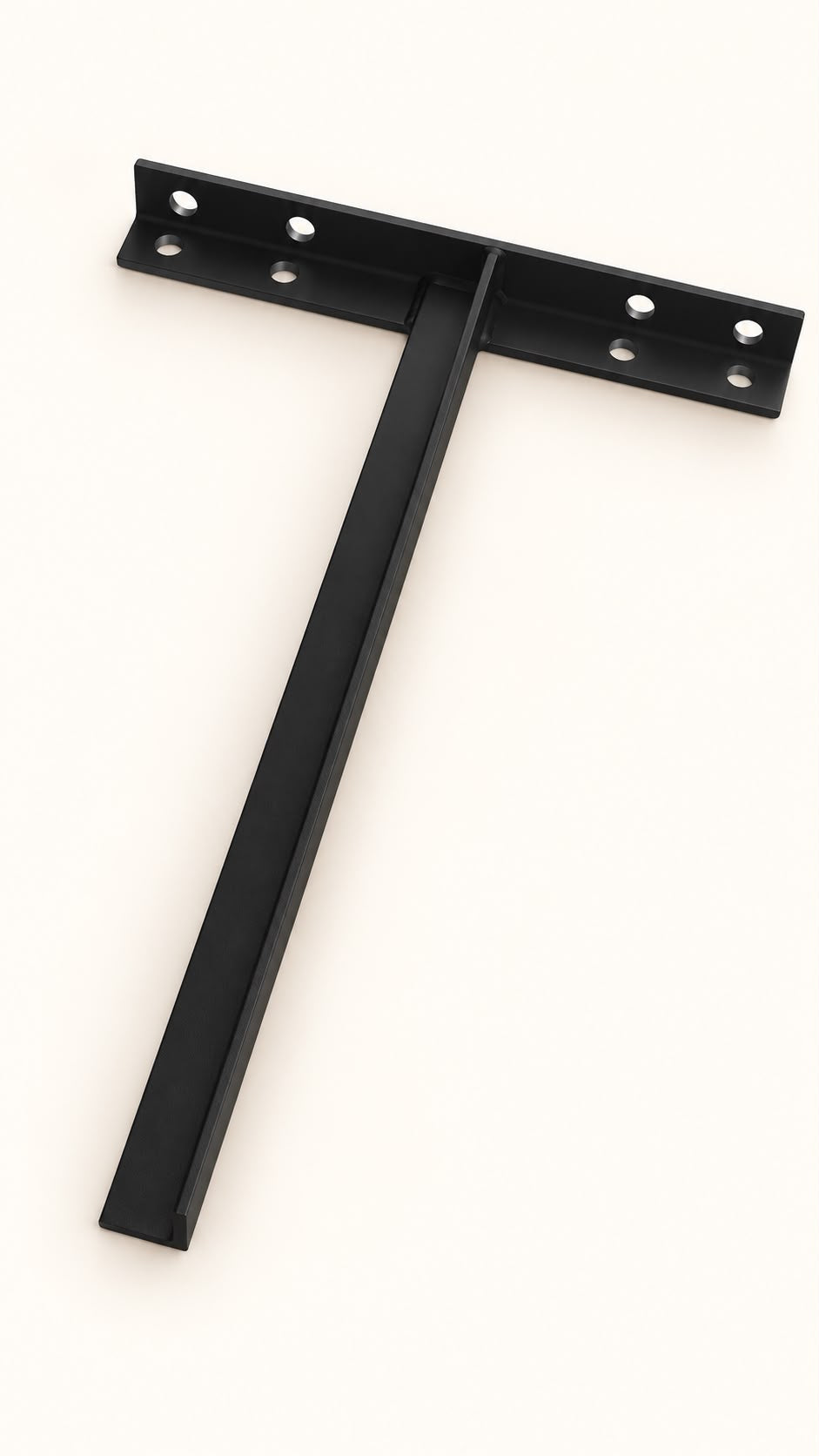 Black metal T-shaped sink bracket with a long angle-profile support arm, a single raised edge, and a drilled mounting crosspiece.