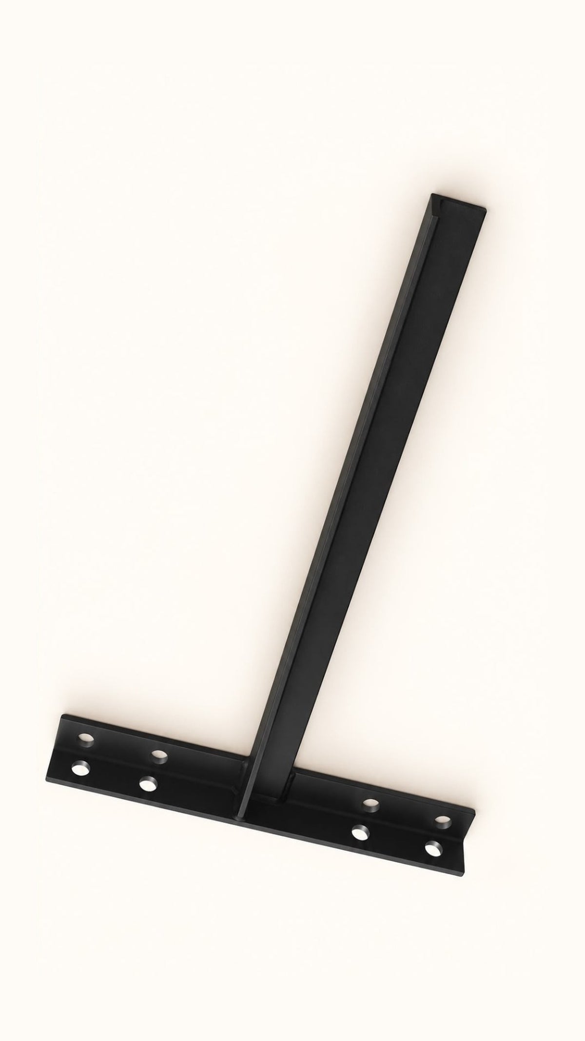 Black metal T-shaped sink bracket with its mounting crosspiece at the bottom and its long support arm extending upward.