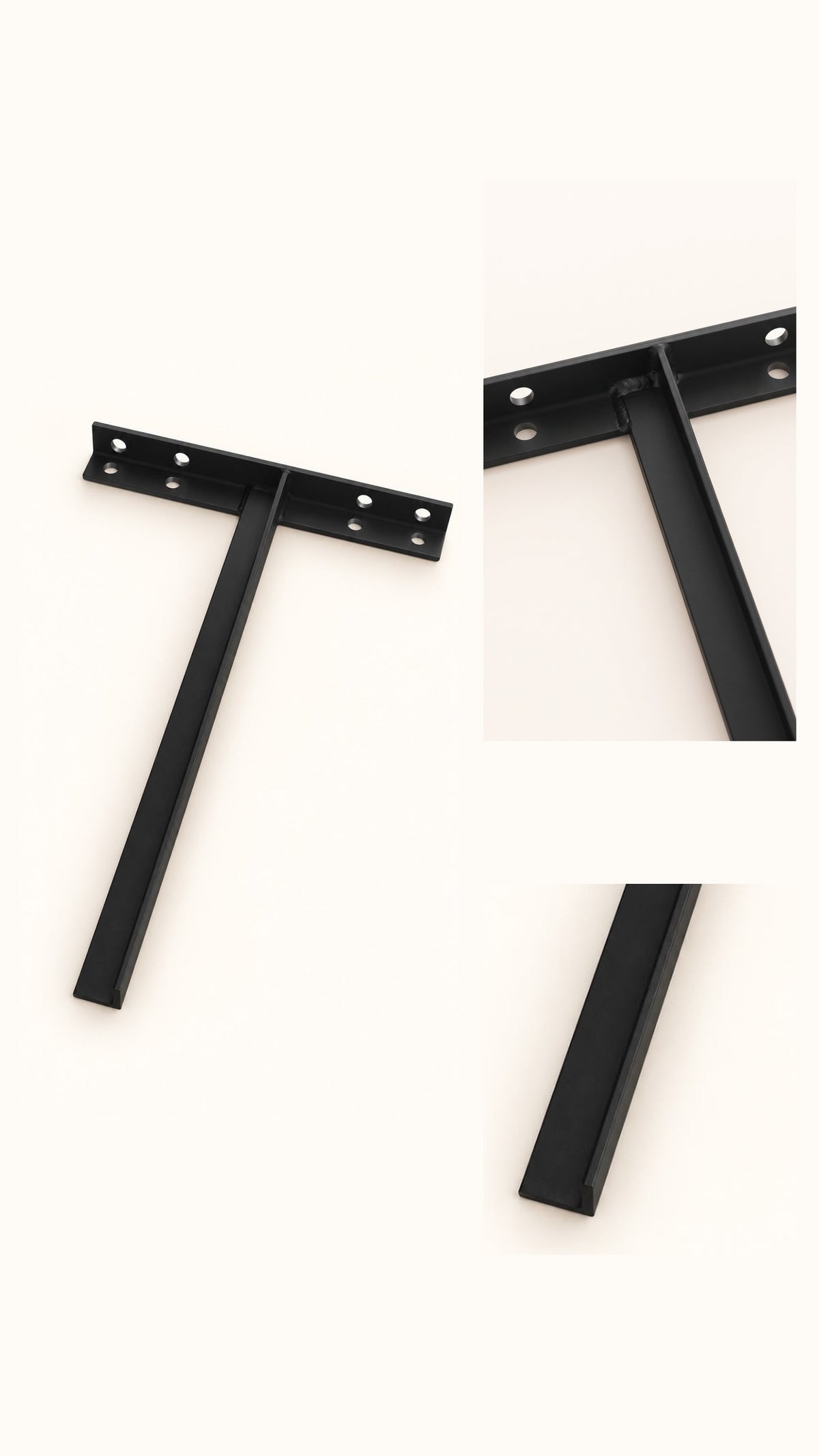 Black metal sink bracket shown in full alongside close-ups of its welded joint and angle-profile support arm tip.