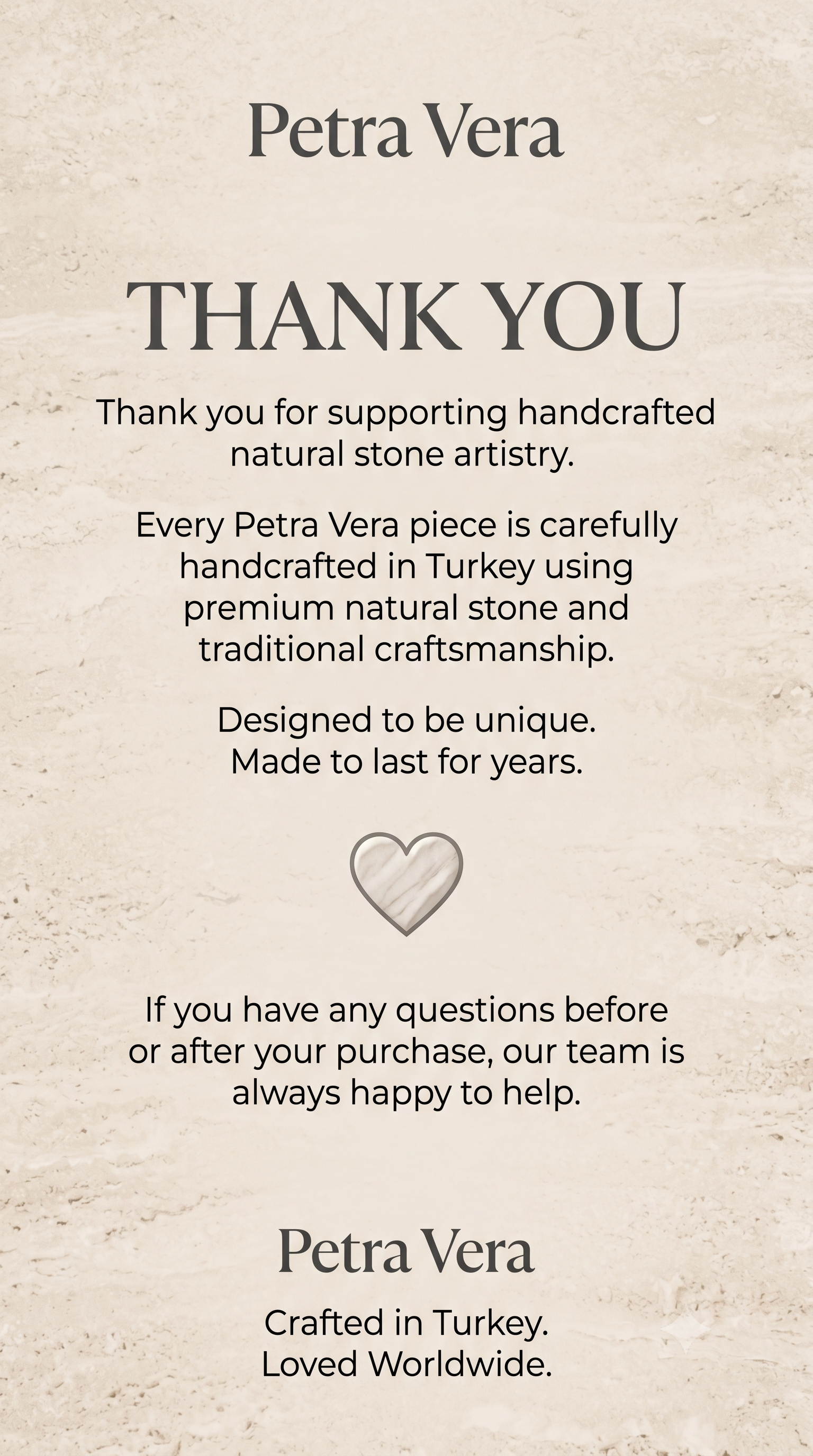 Petra Vera Studio thank you card for handcrafted natural stone products