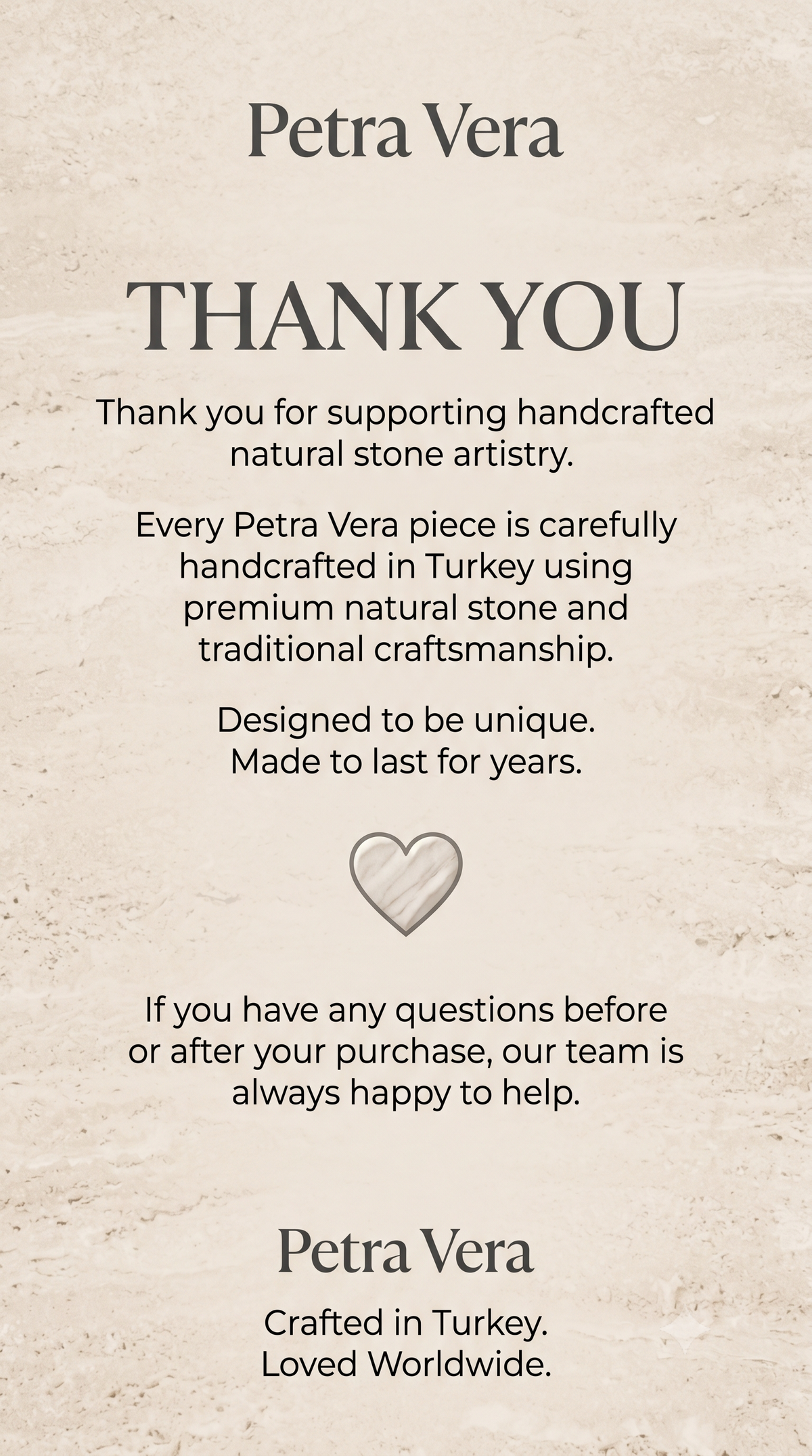 Petra Vera Studio thank you card accompanying the handcrafted natural marble bathroom sink product gallery.