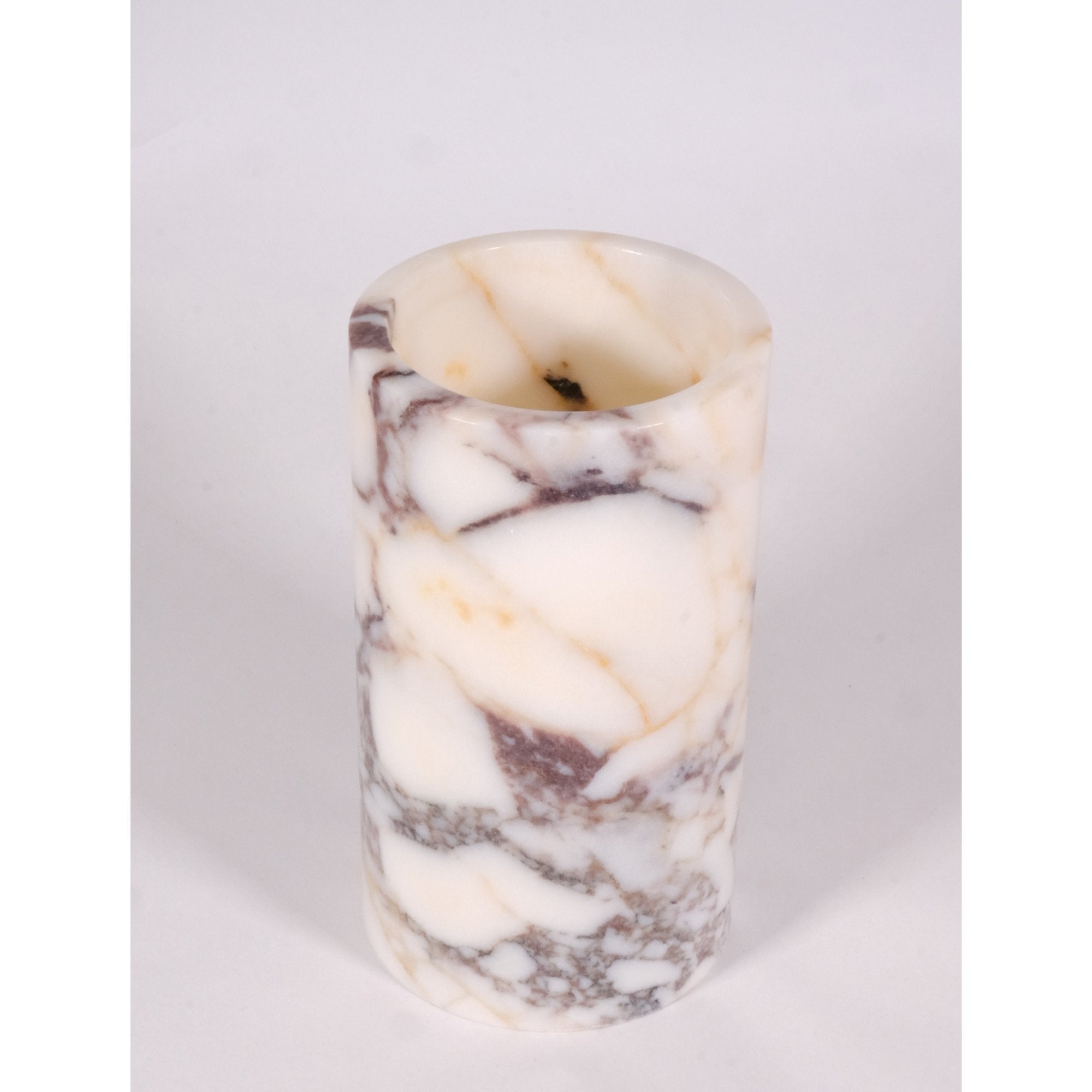 Top view of Calacatta Viola marble utensil crock showing polished finish and natural veining