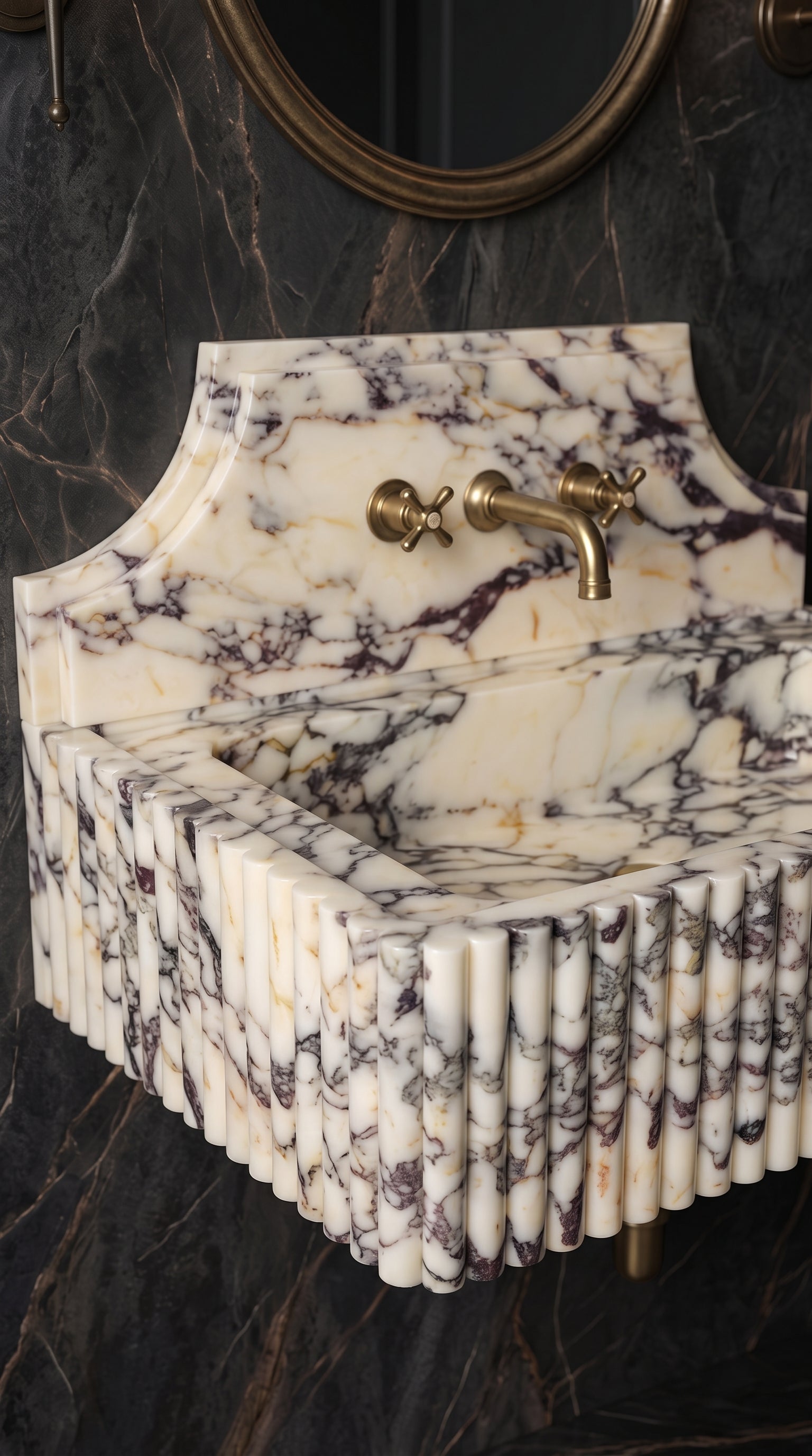 Close-up of Calacatta Viola marble veining, integrated basin, brass faucet holes and hand-carved fluted sink front.