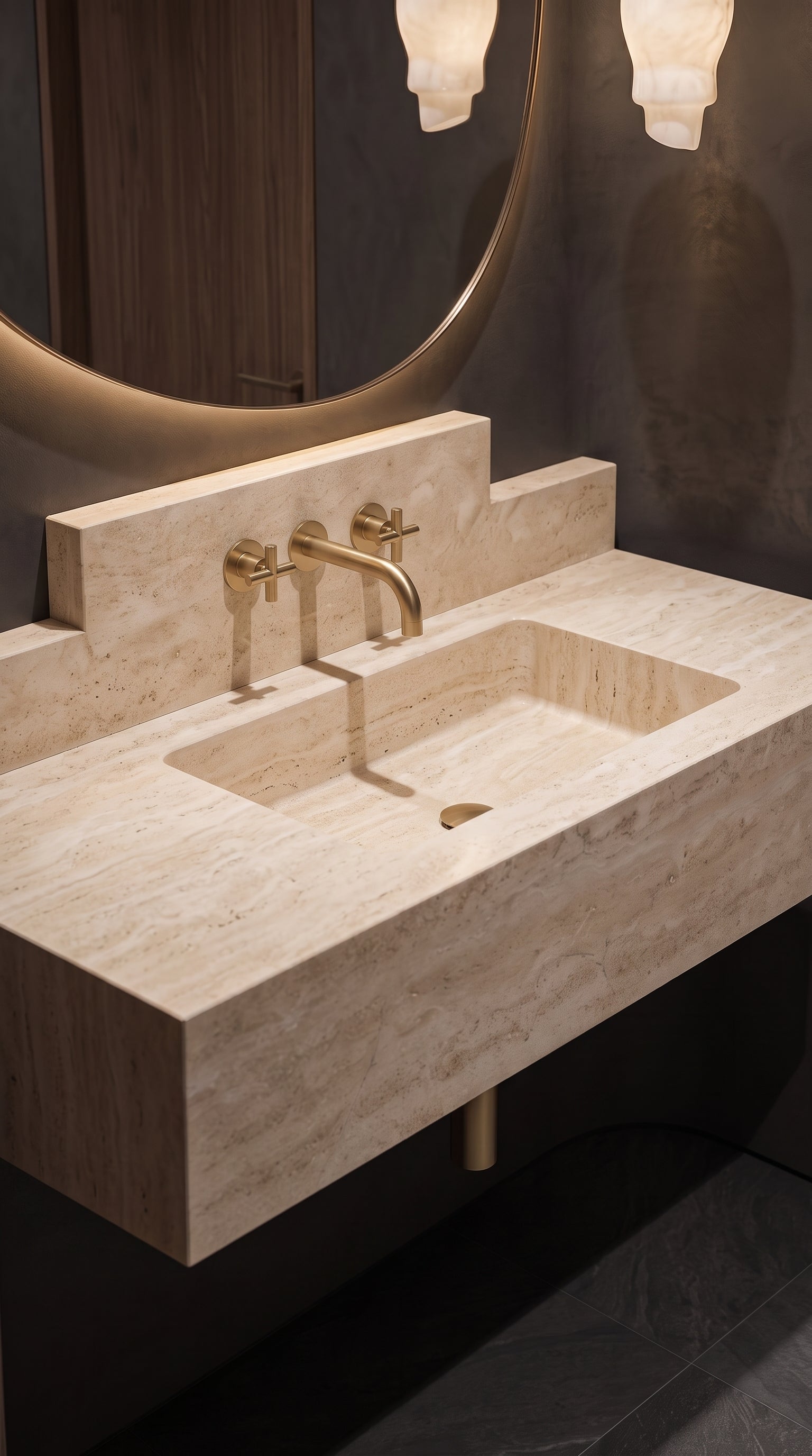 Close-up of the integrated basin, honed travertine surface and three-hole faucet configuration.
