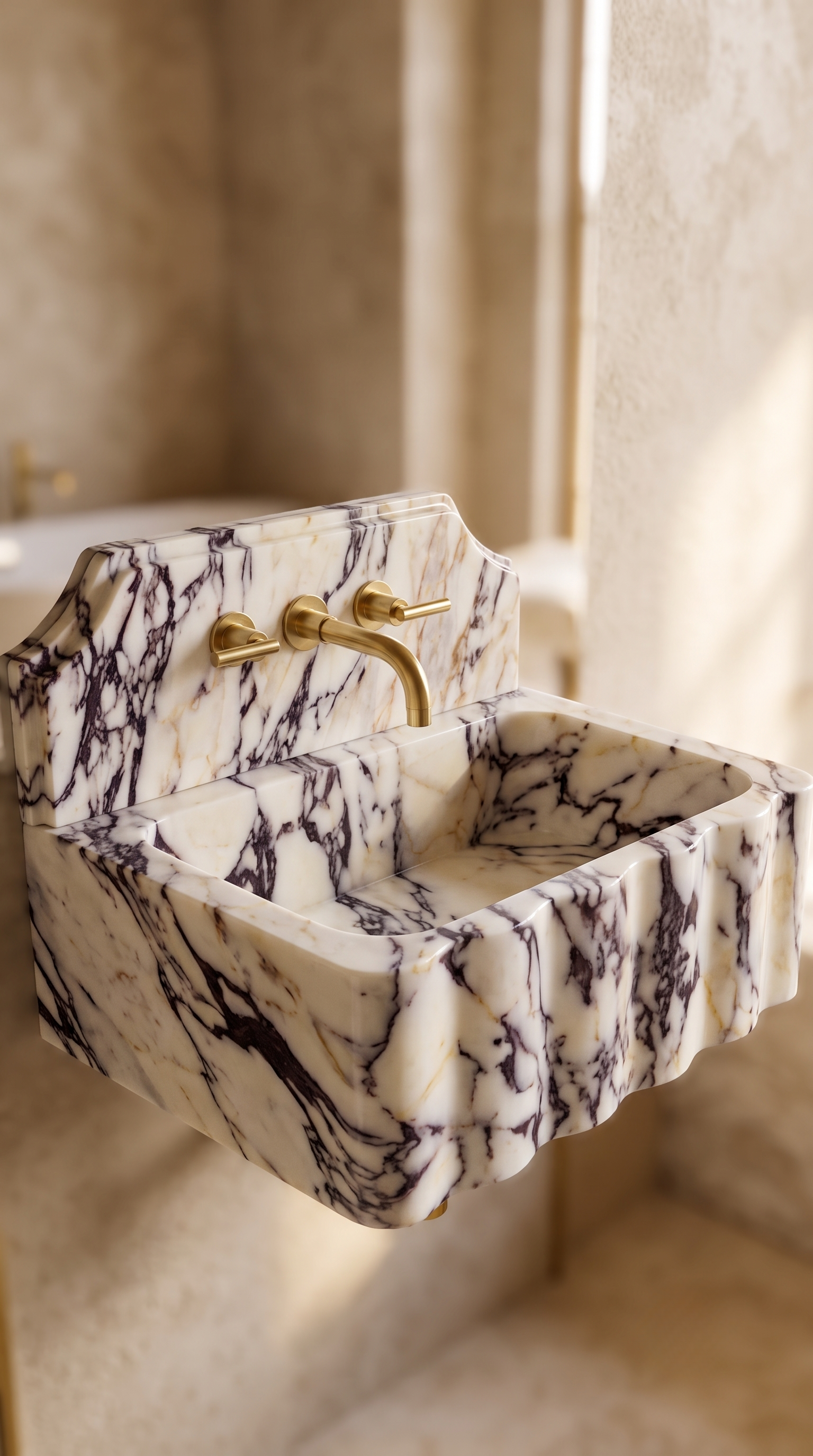 Close-Up of Calacatta Viola Marble Sink Showing Natural Veining and Handcrafted Details
