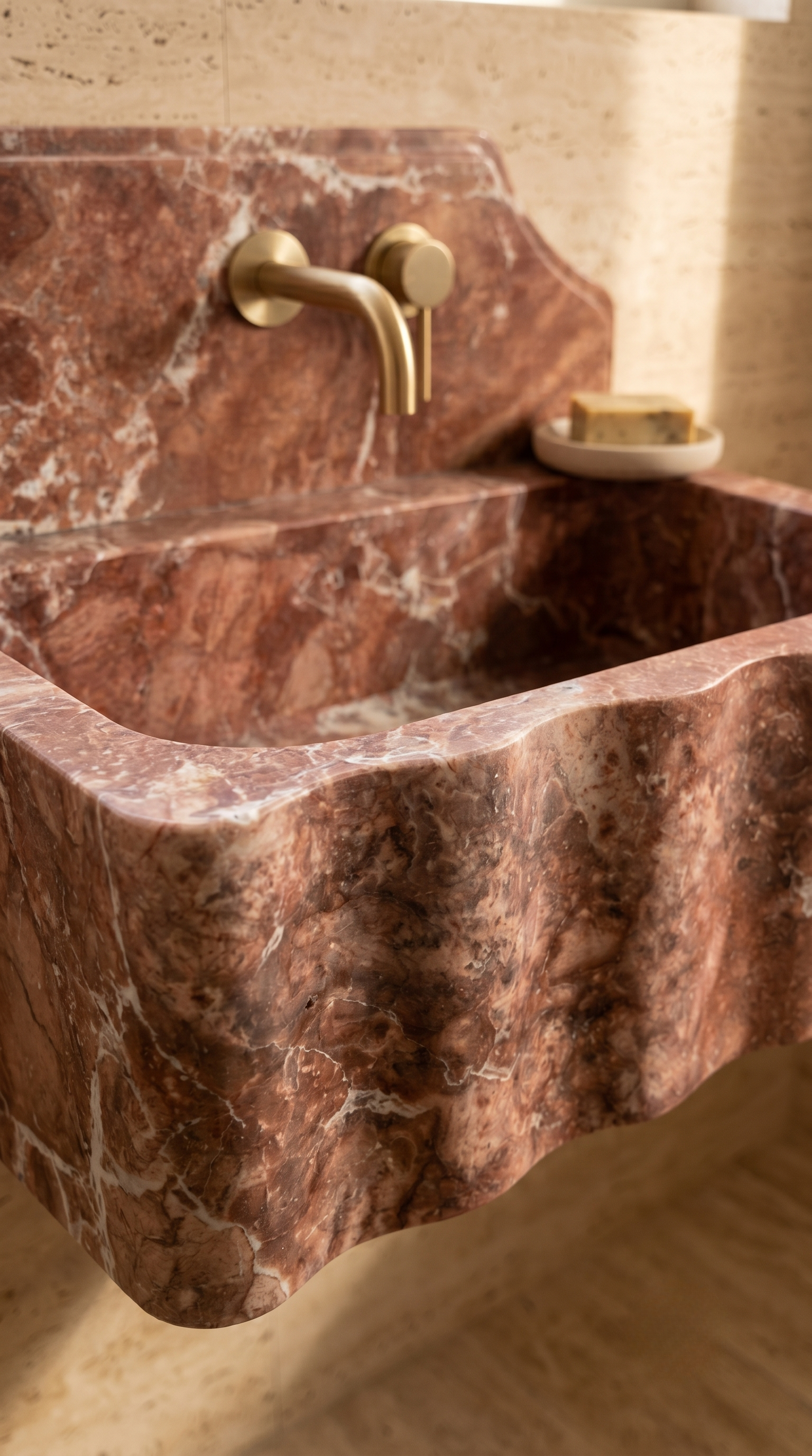 Close-up view of natural red travertine veining and handcrafted stone craftsmanship.