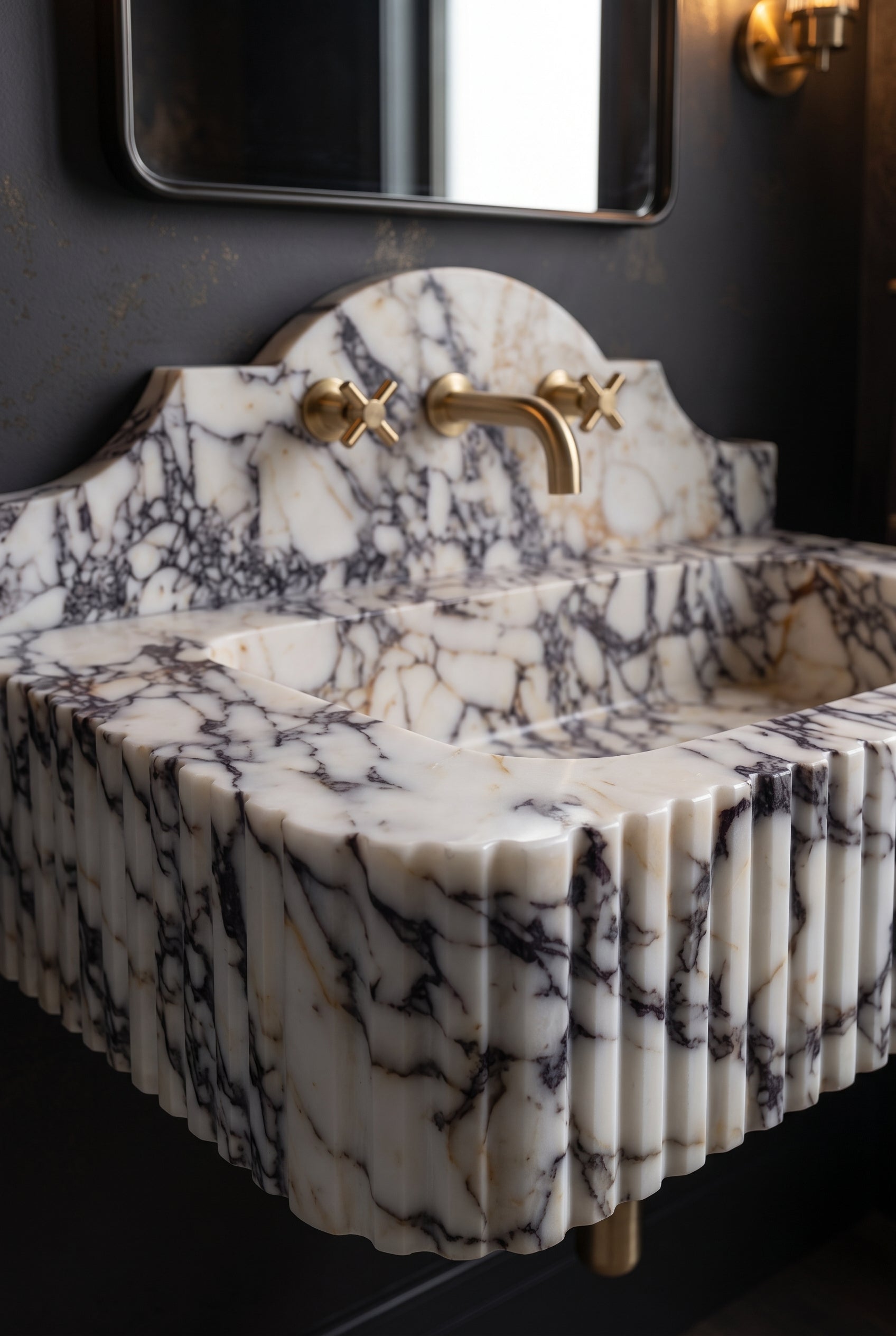 Calacatta Viola Fluted Marble Wall-Mounted Sink with Backsplash