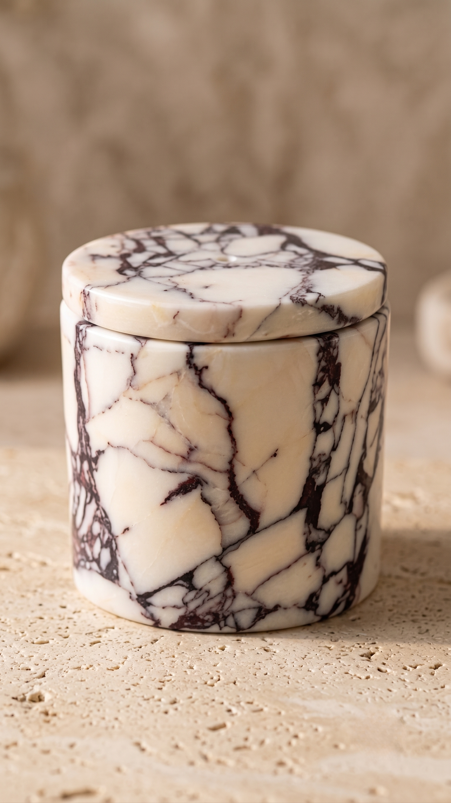 Close up of handcrafted Calacatta Viola marble candle holder with polished finish.

