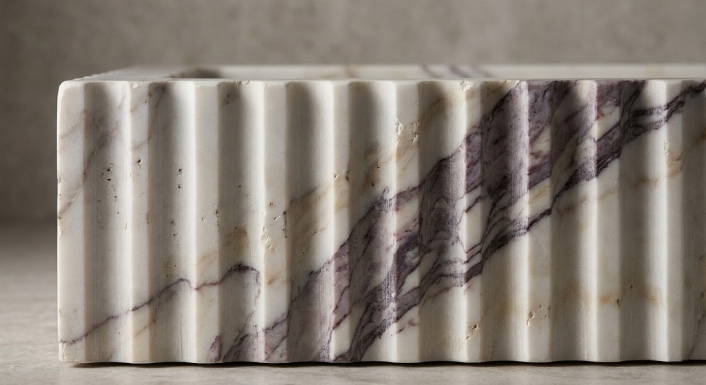 Close-up of fluted marble texture and detailed craftsmanship in Calacatta Viola stone