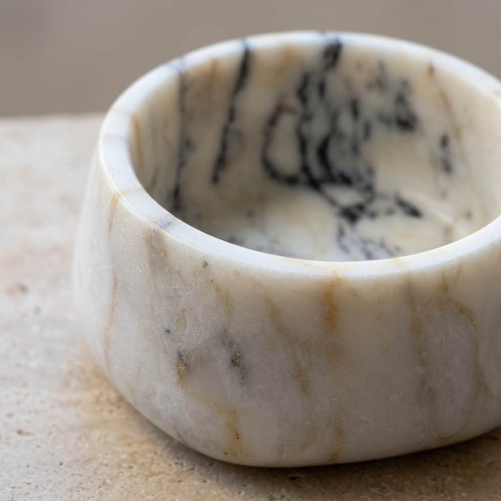 marble pet bowl close up natural stone veining detail
