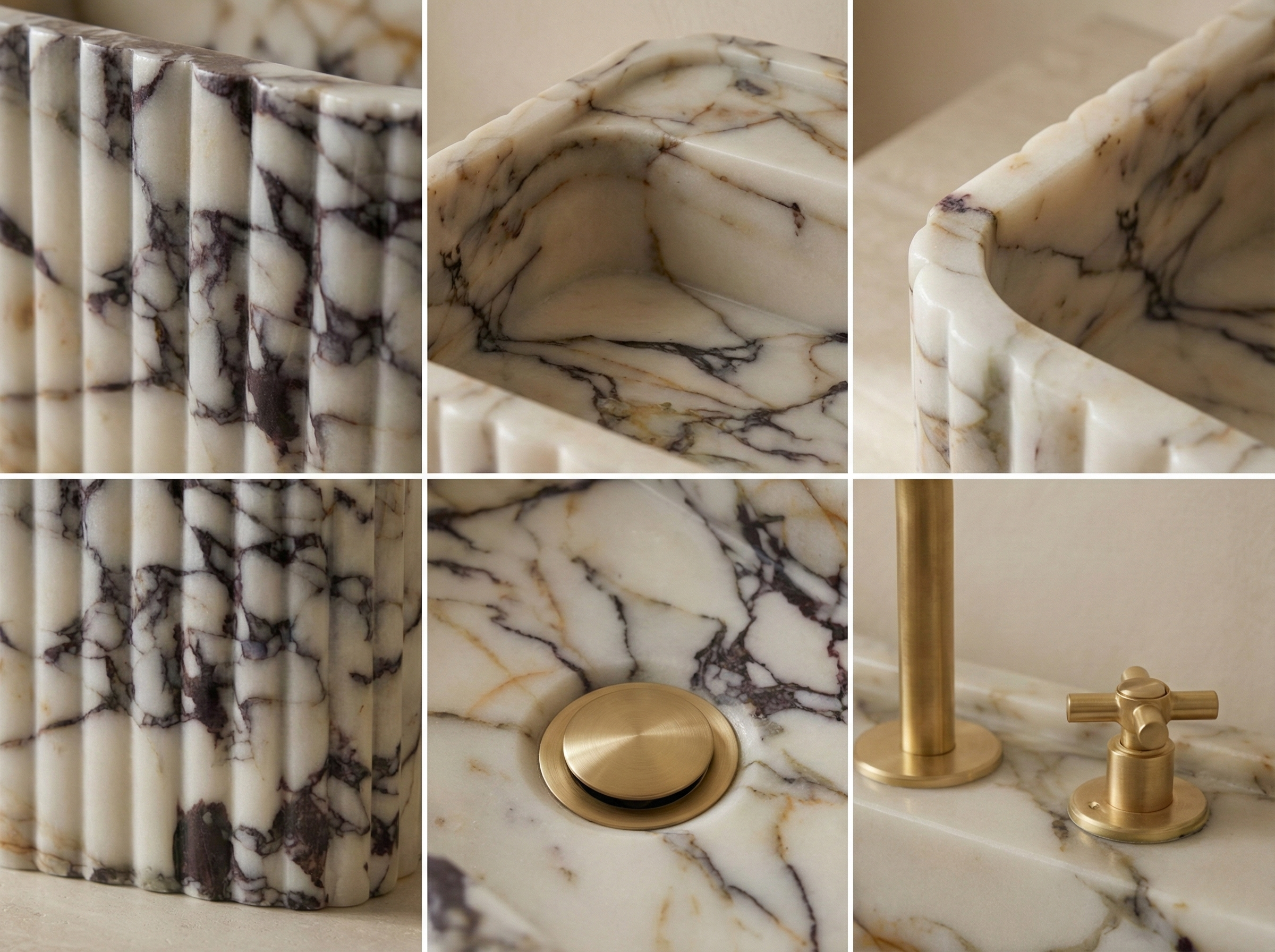 Close-up fluted Calacatta Viola marble sink detail natural veining luxury stone vessel basin
