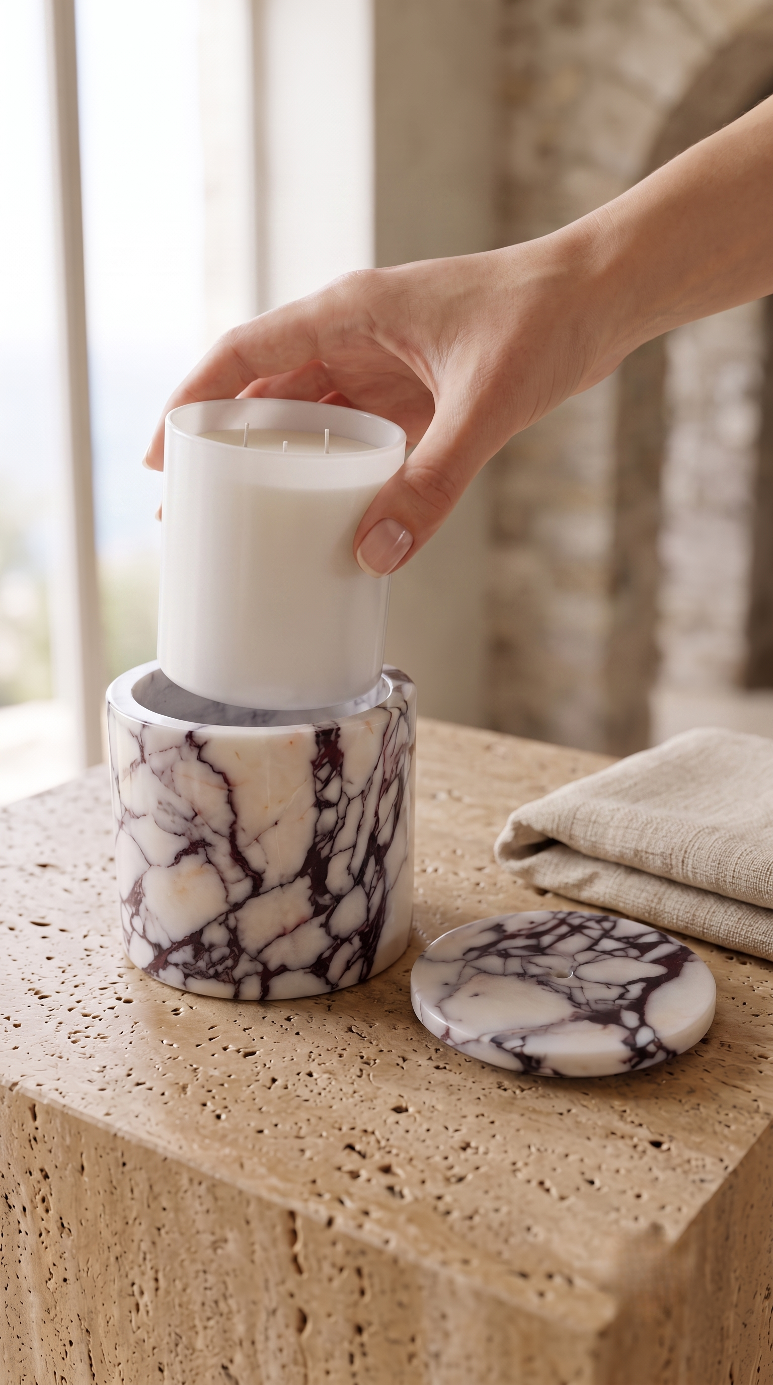 Marble candle holder compatible with Bath & Body Works style 3 wick candles.
