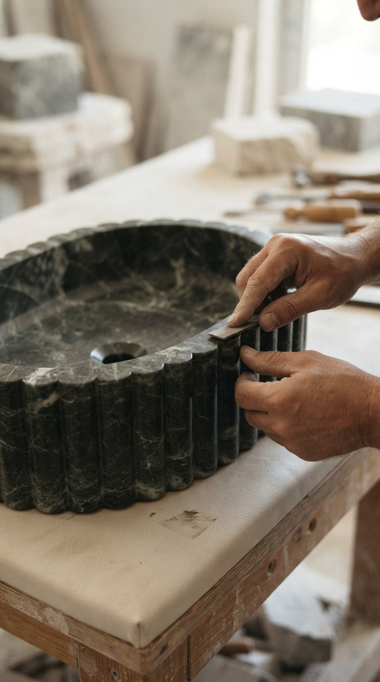 Workshop scene showing hands holding a finishing tool against the rim of a fluted marble vessel sink on a workbench.