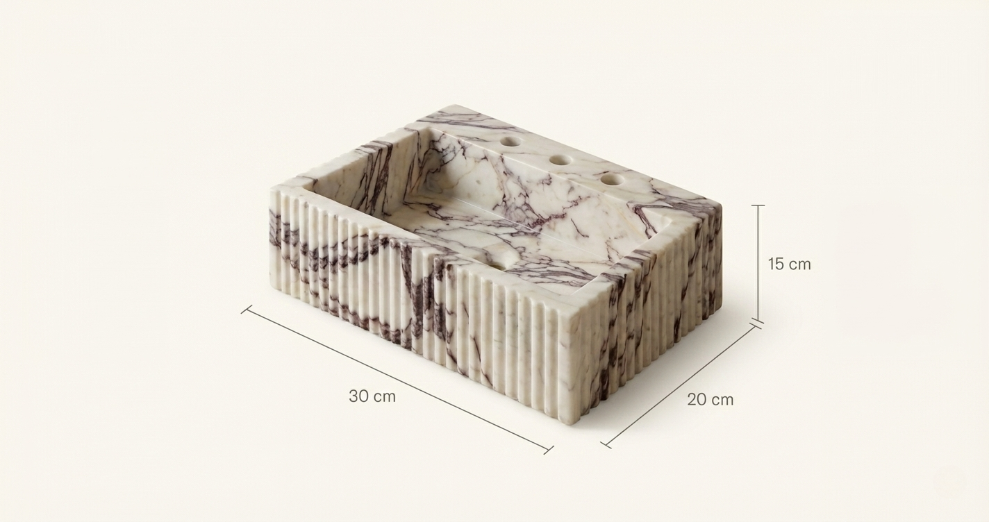 Dimensions of fluted marble sink 30x20x15 cm with technical measurement layout