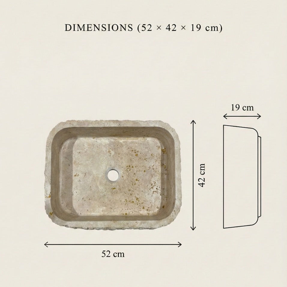 Dimensions of rectangular travertine vessel sink with measurements in cm and inches